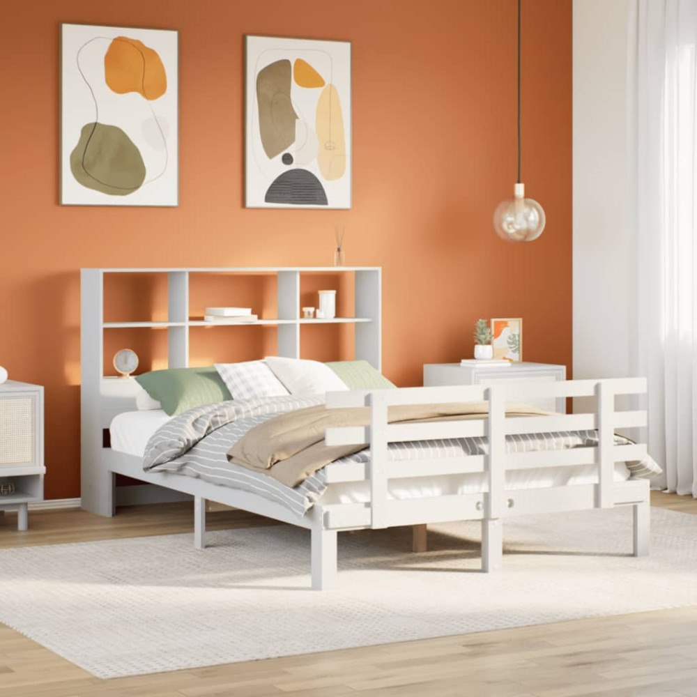 vidaXL Säng med bokhylla utan madrass vit 140x190cm massiv furu