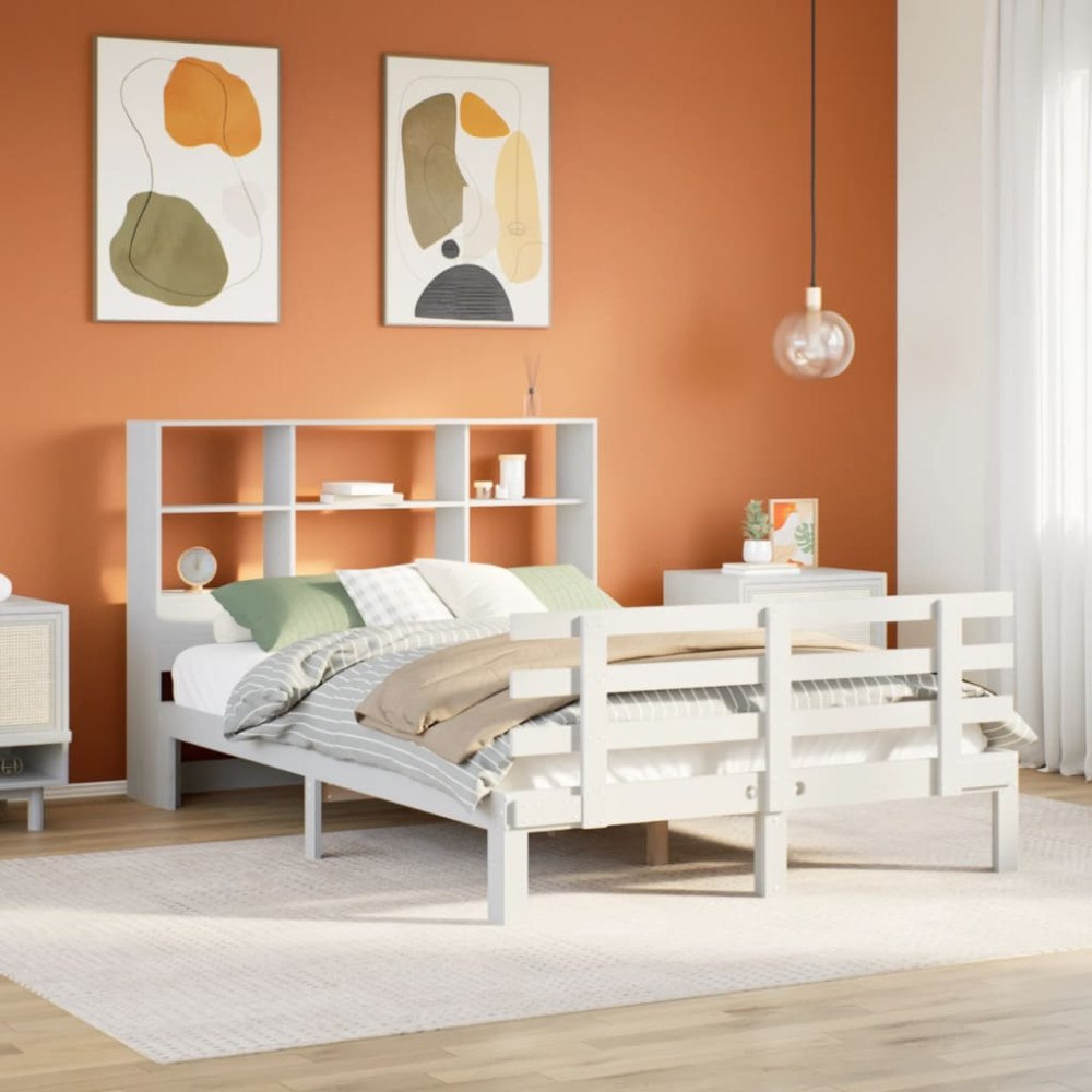 vidaXL Säng med bokhylla utan madrass vit 160x200cm massiv furu