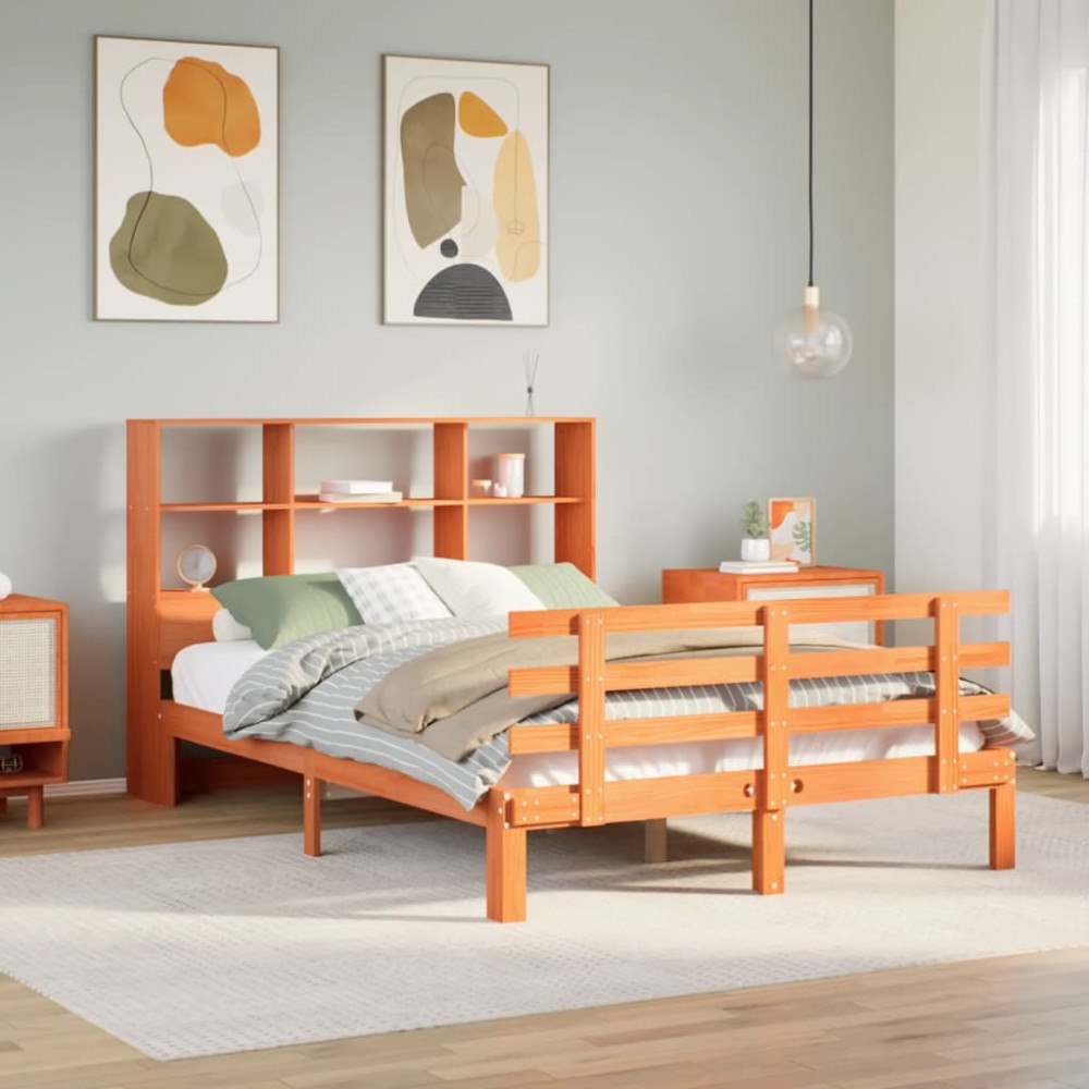 vidaXL Säng med bokhylla utan madrass vaxbrun 120x190 cm massiv furu