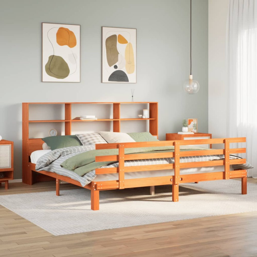 vidaXL Säng med bokhylla utan madrass vaxbrun 180x200cm massiv furu
