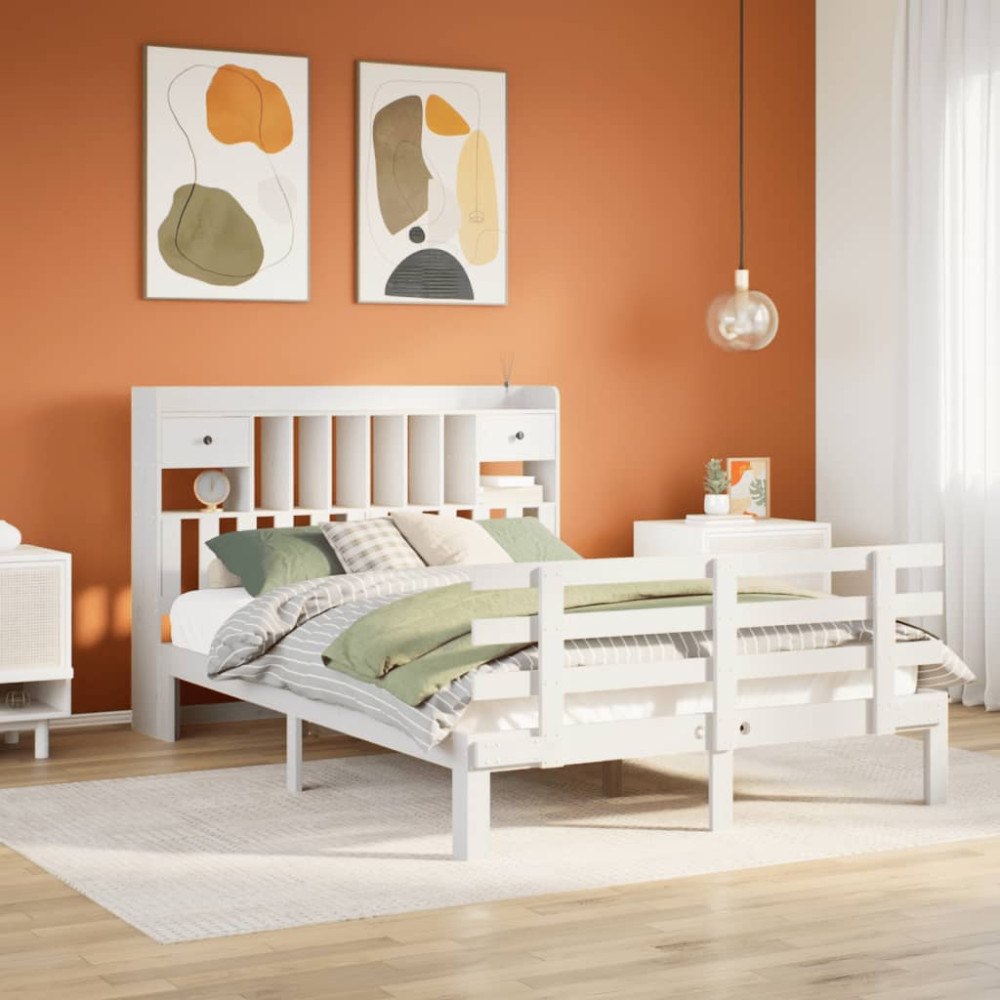 vidaXL Säng med bokhylla utan madrass vit 150x200cm massiv furu