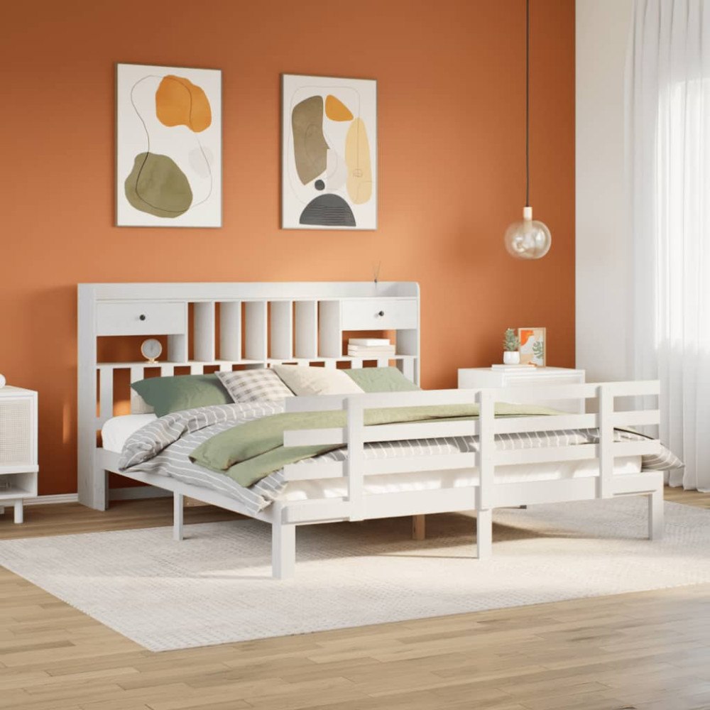 vidaXL Säng med bokhylla utan madrass vit 180x200cm massiv furu