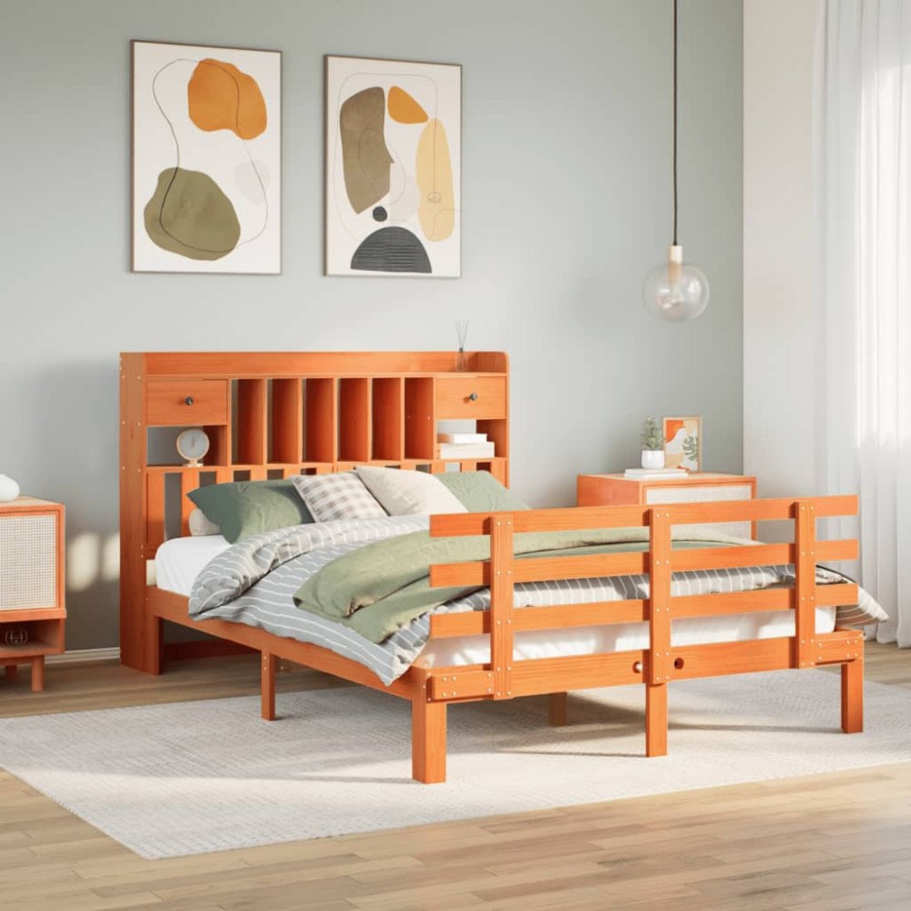 vidaXL Säng med bokhylla utan madrass vaxbrun 140x190cm massiv furu