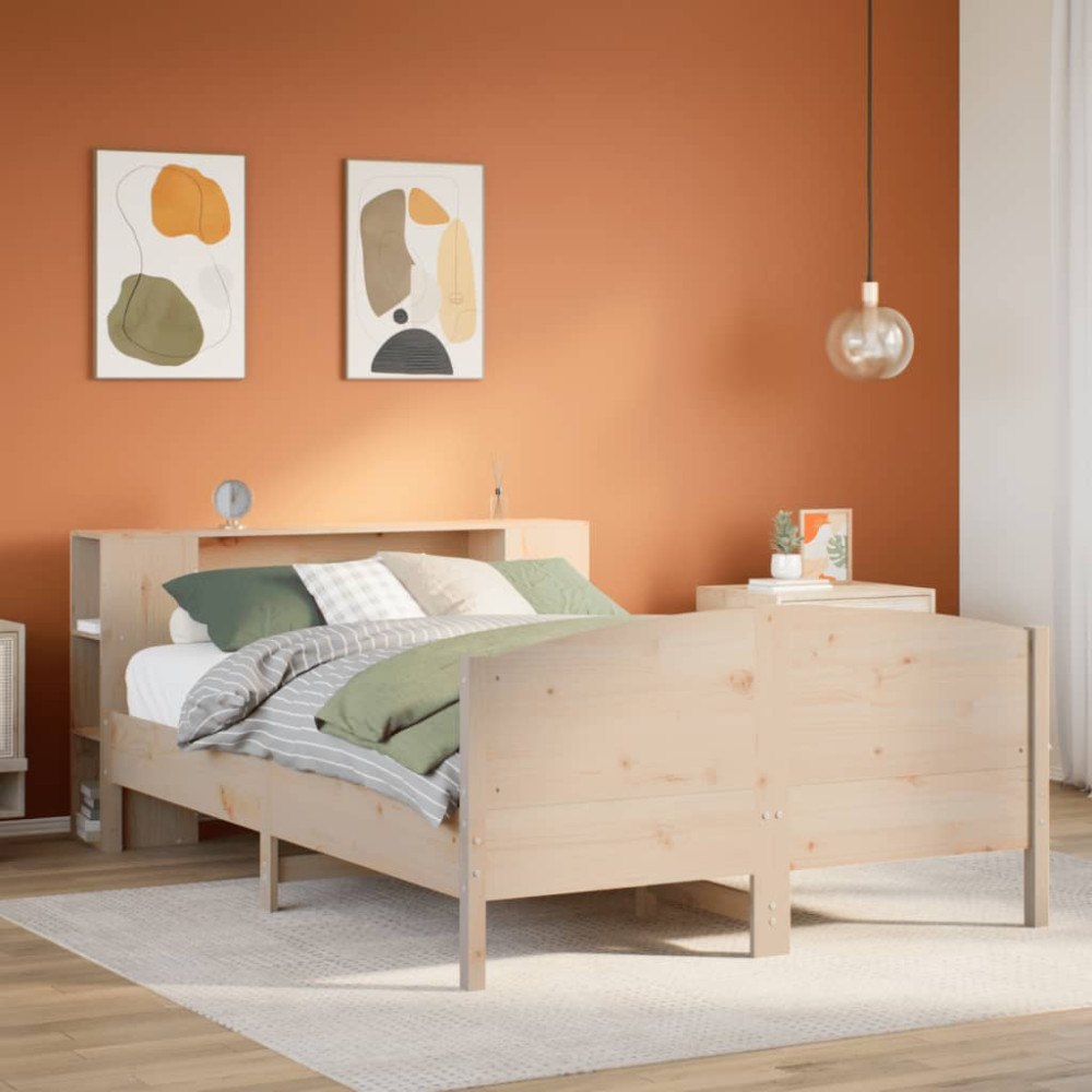 vidaXL Säng med bokhylla utan madrass 135x190cm massiv furu