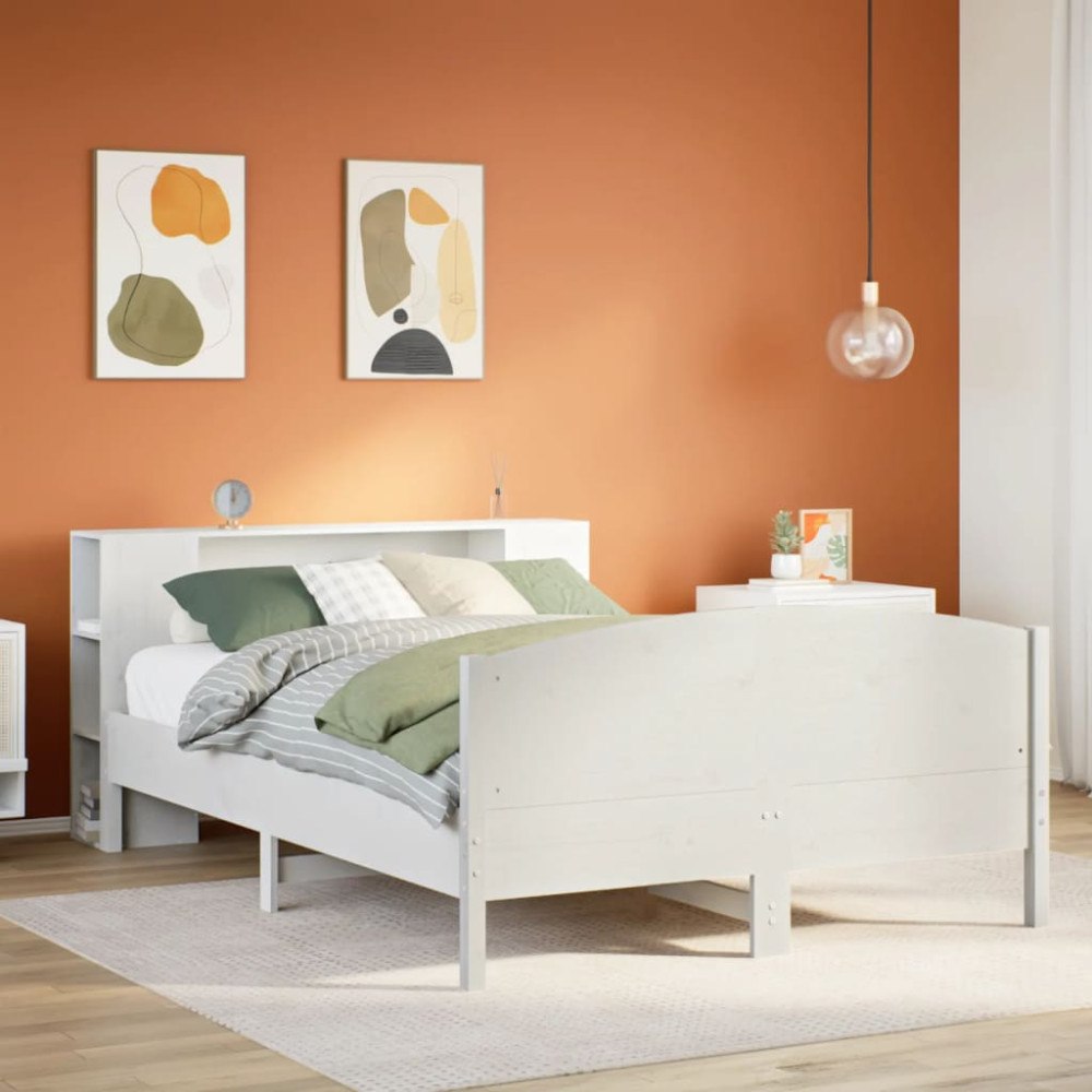 vidaXL Säng med bokhylla utan madrass vit 135x190cm massiv furu