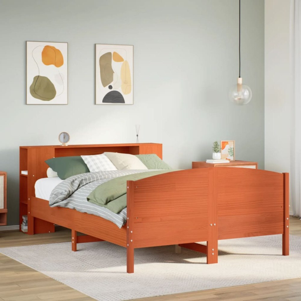 vidaXL Säng med bokhylla utan madrass vaxbrun 135x190cm massiv furu