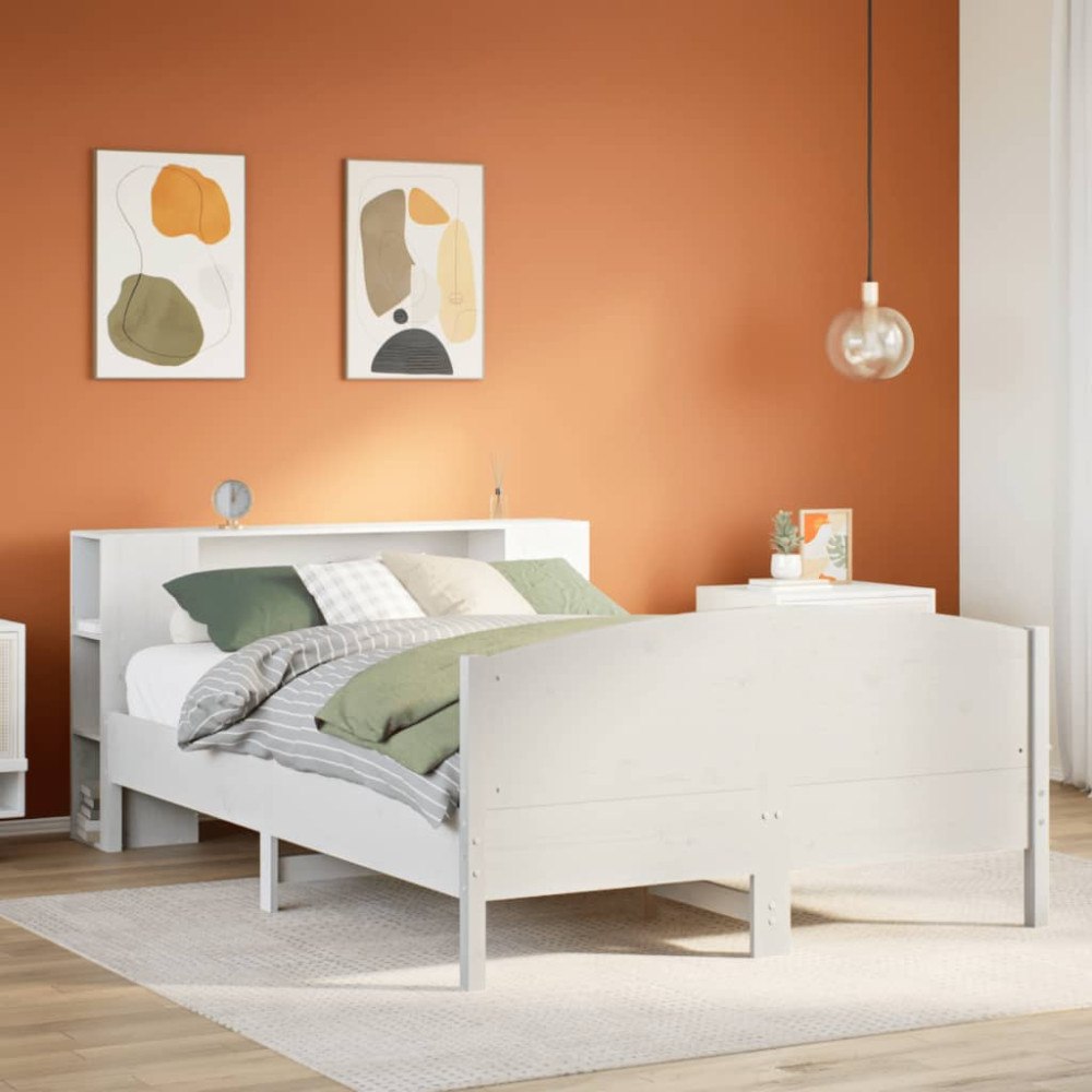 vidaXL Säng med bokhylla utan madrass vit 120x190 cm massiv furu