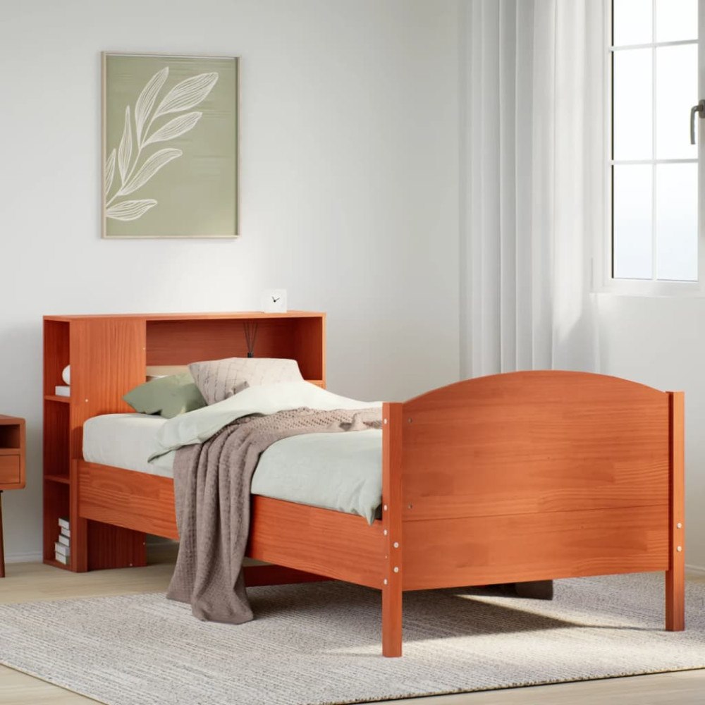 vidaXL Säng med bokhylla utan madrass vaxbrun 100x200 cm massiv furu