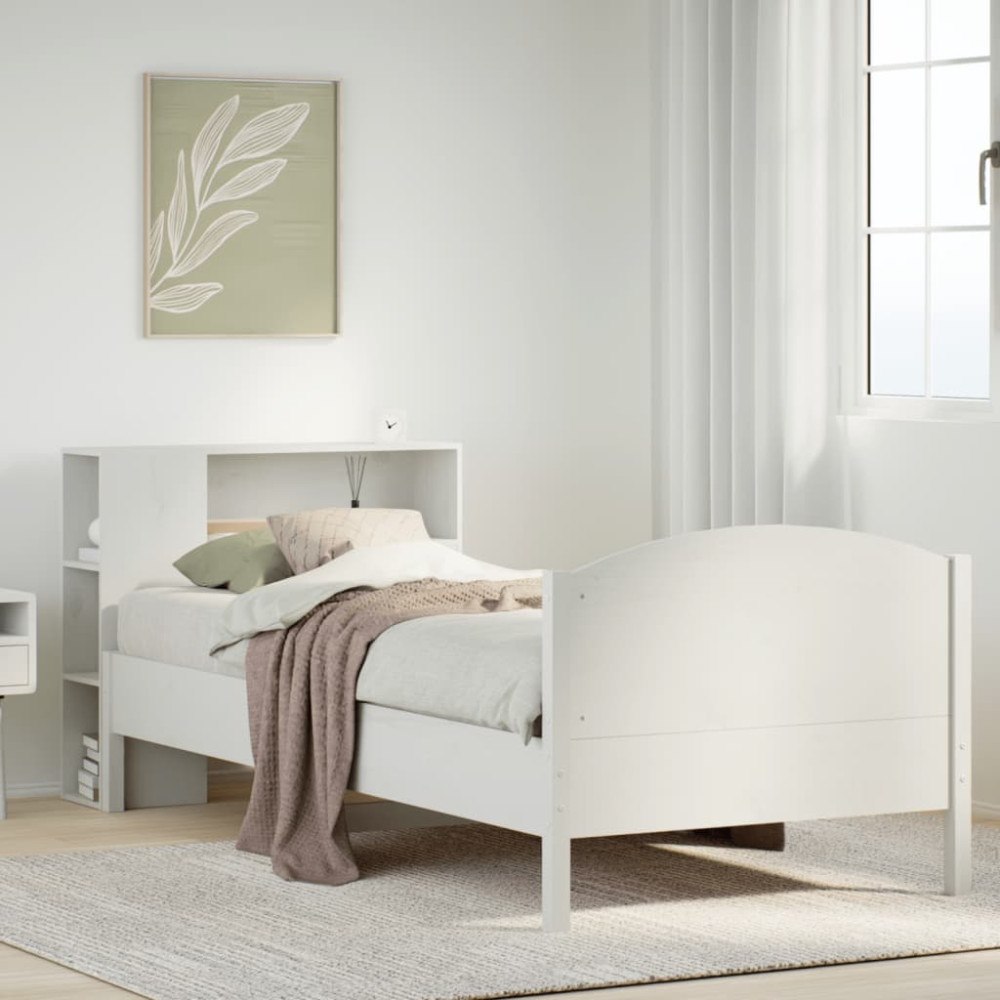 vidaXL Säng med bokhylla utan madrass vit 75x190cm massiv furu