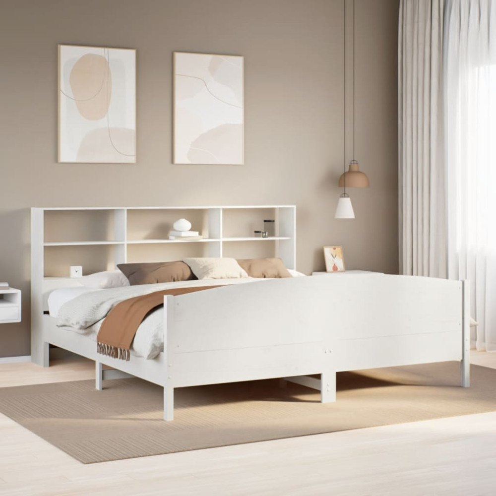 vidaXL Säng med bokhylla utan madrass vit 180x200cm massiv furu