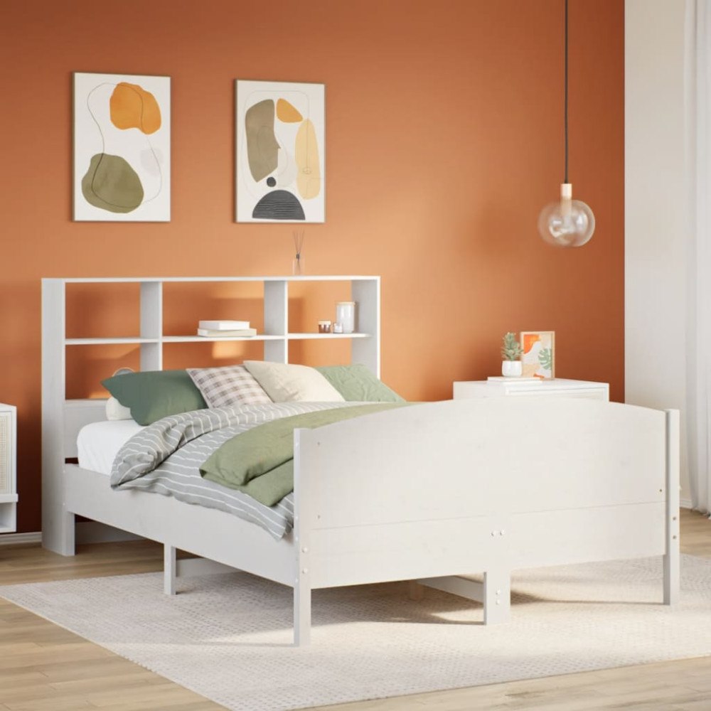 vidaXL Säng med bokhylla utan madrass vit 160x200cm massiv furu