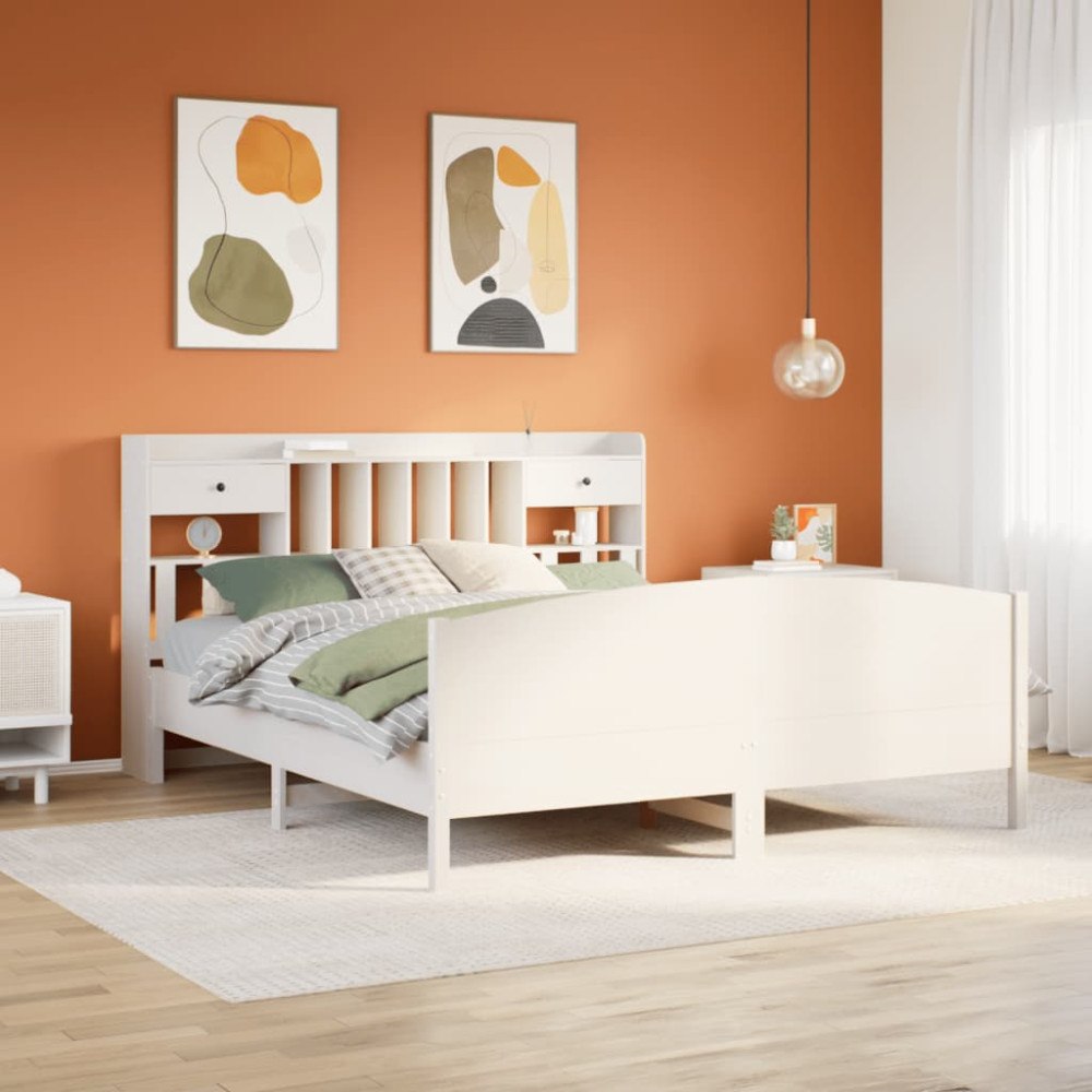 vidaXL Säng med bokhylla utan madrass vit 180x200cm massiv furu