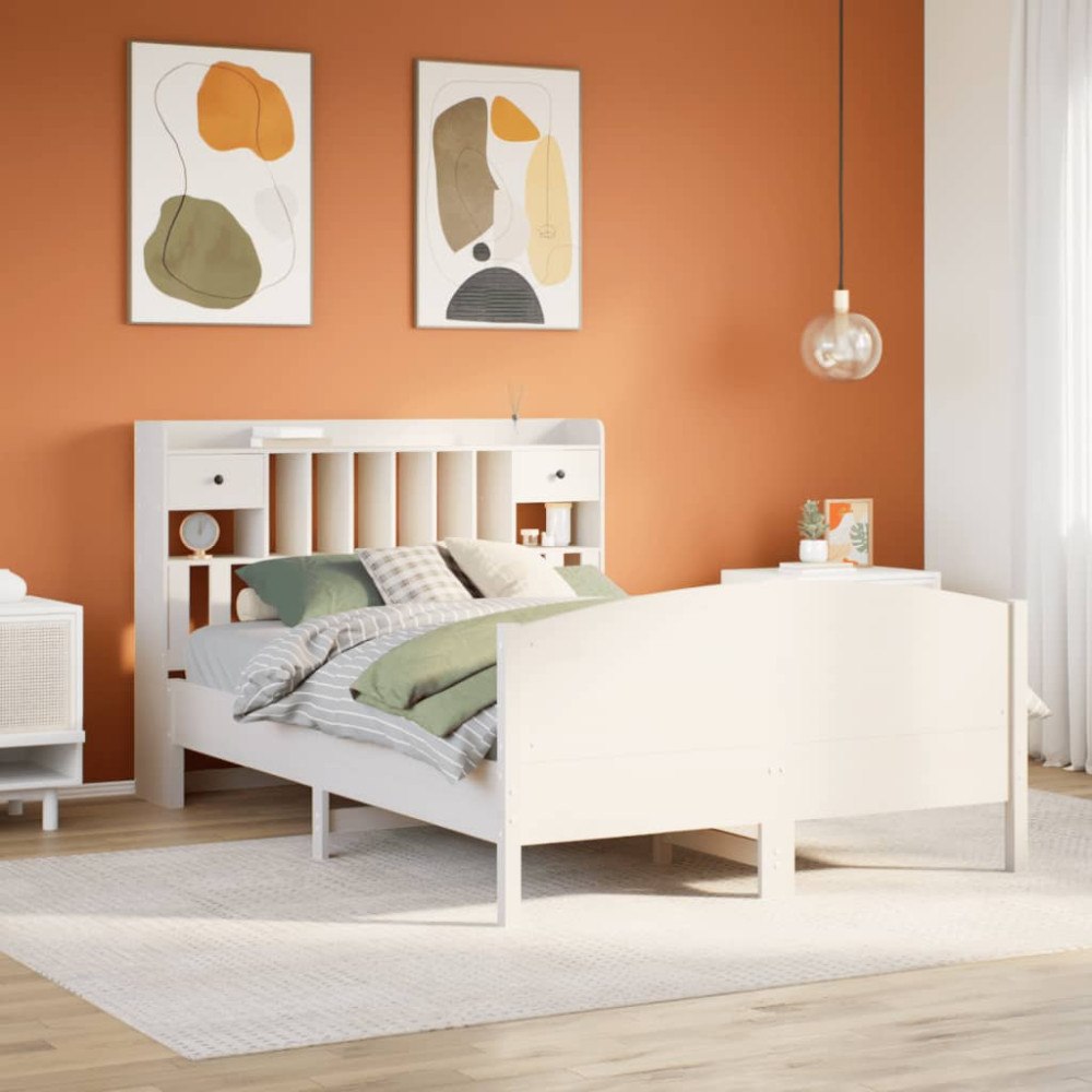 vidaXL Säng med bokhylla utan madrass vit 160x200cm massiv furu