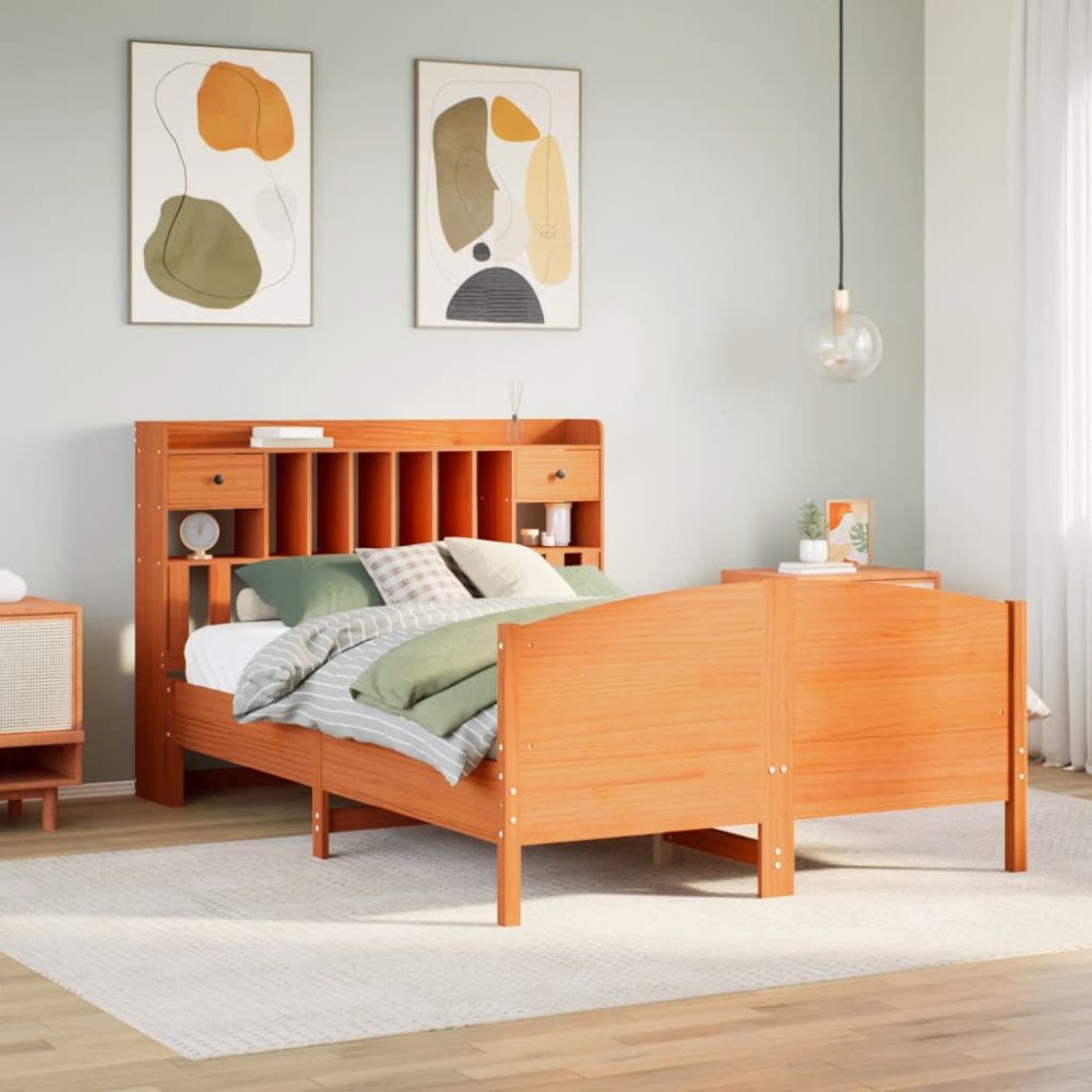 vidaXL Säng med bokhylla utan madrass vaxbrun 150x200cm massiv furu