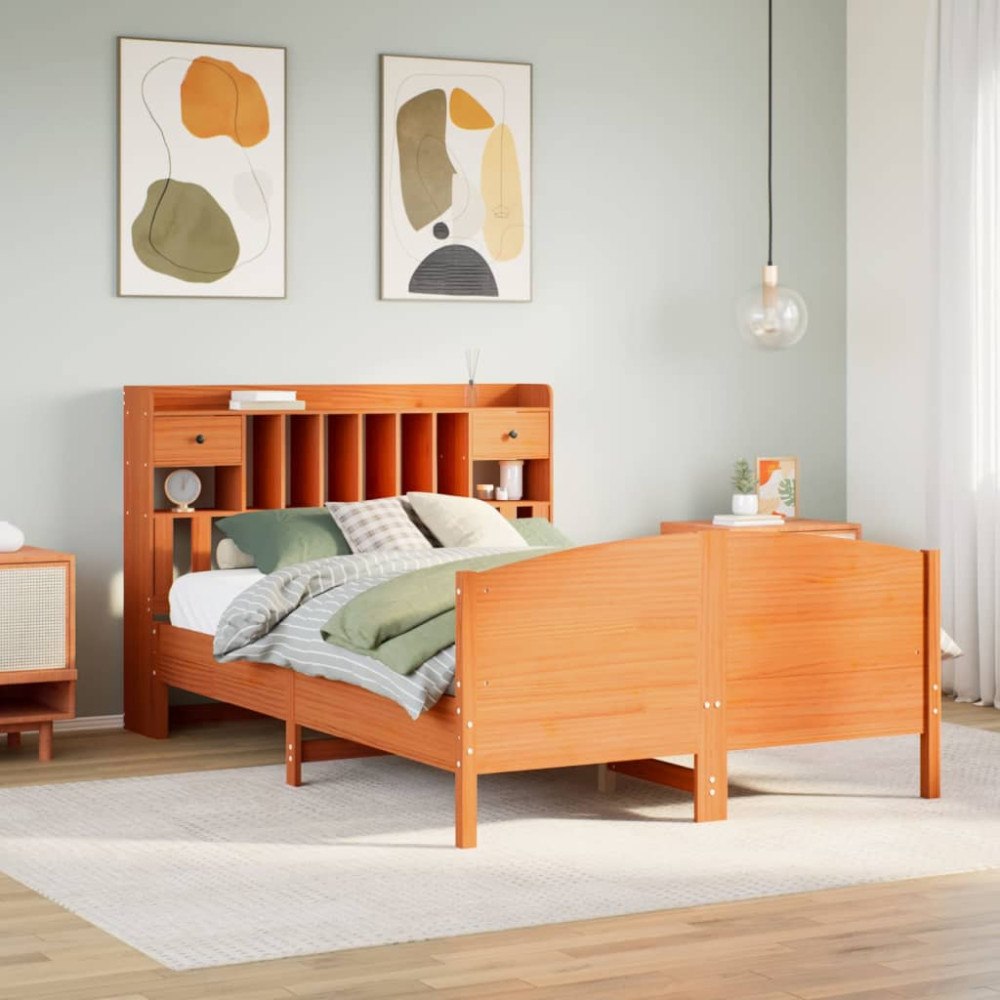 vidaXL Säng med bokhylla utan madrass vaxbrun 140x200cm massiv furu