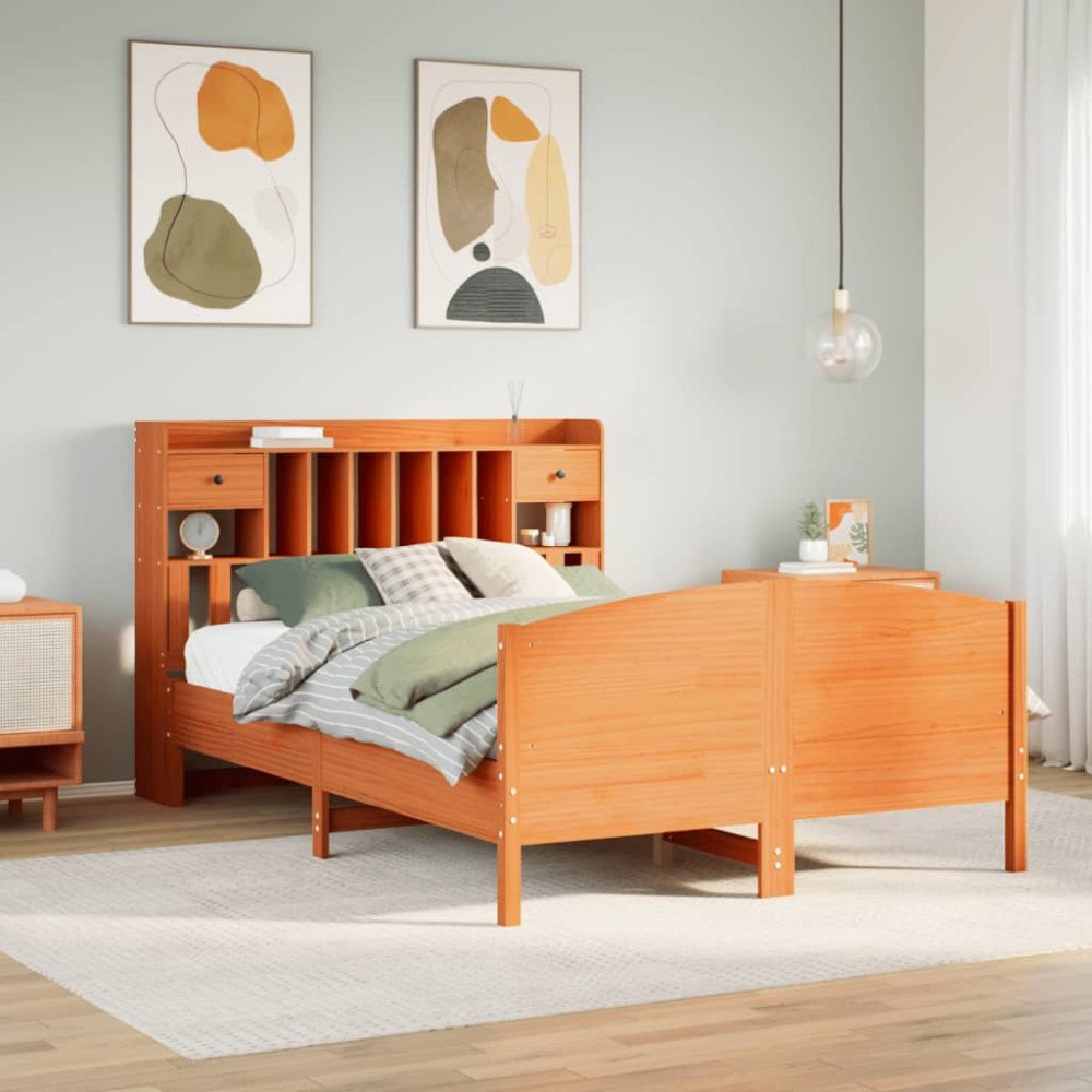 vidaXL Säng med bokhylla utan madrass vaxbrun 140x190cm massiv furu