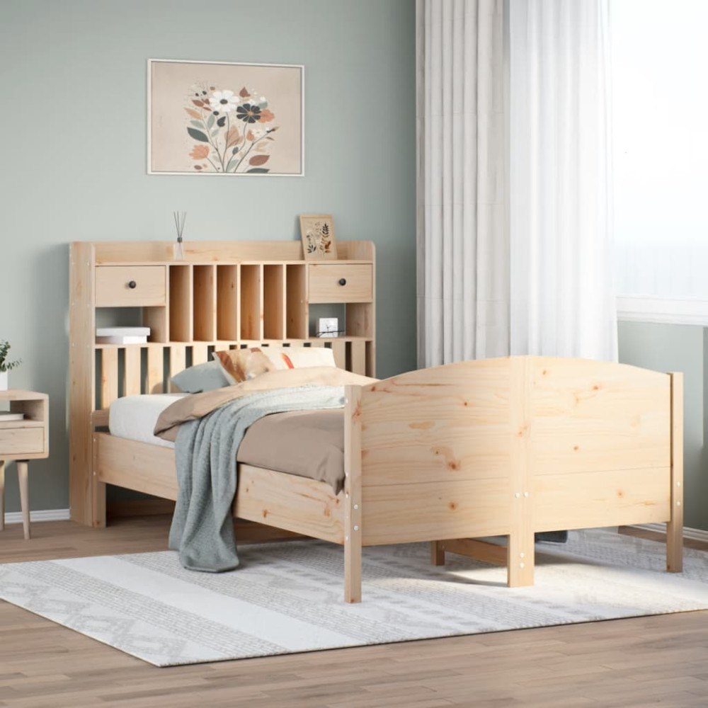 vidaXL Säng med bokhylla utan madrass 135x190cm massiv furu