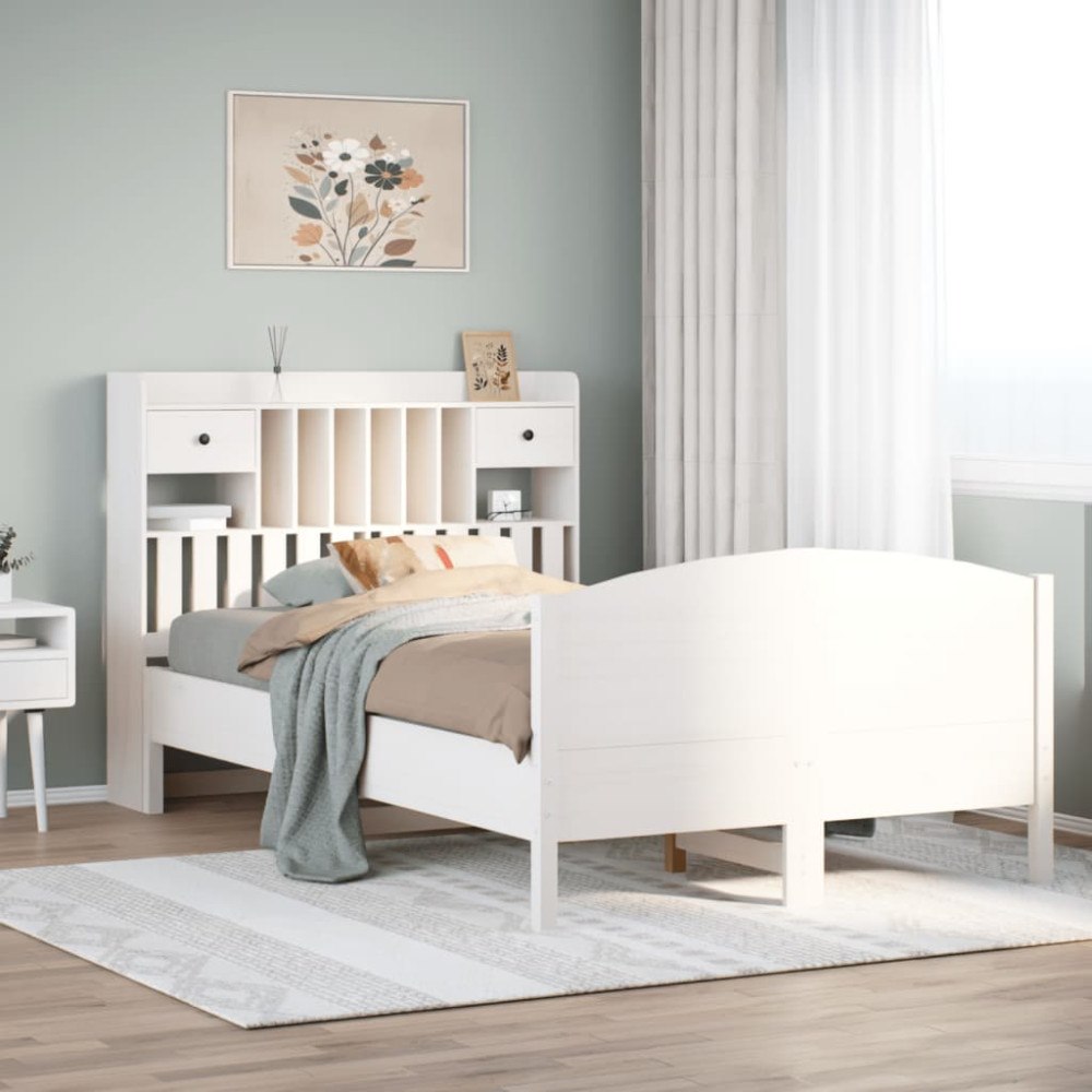 vidaXL Säng med bokhylla utan madrass vit 135x190cm massiv furu