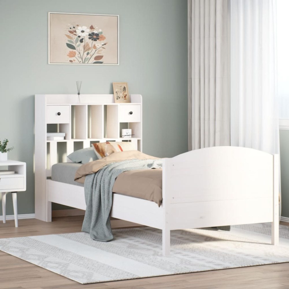 vidaXL Säng med bokhylla utan madrass vit 90x200cm massiv furu