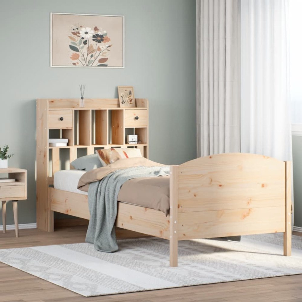 vidaXL Säng med bokhylla utan madrass 90x190cm massiv furu