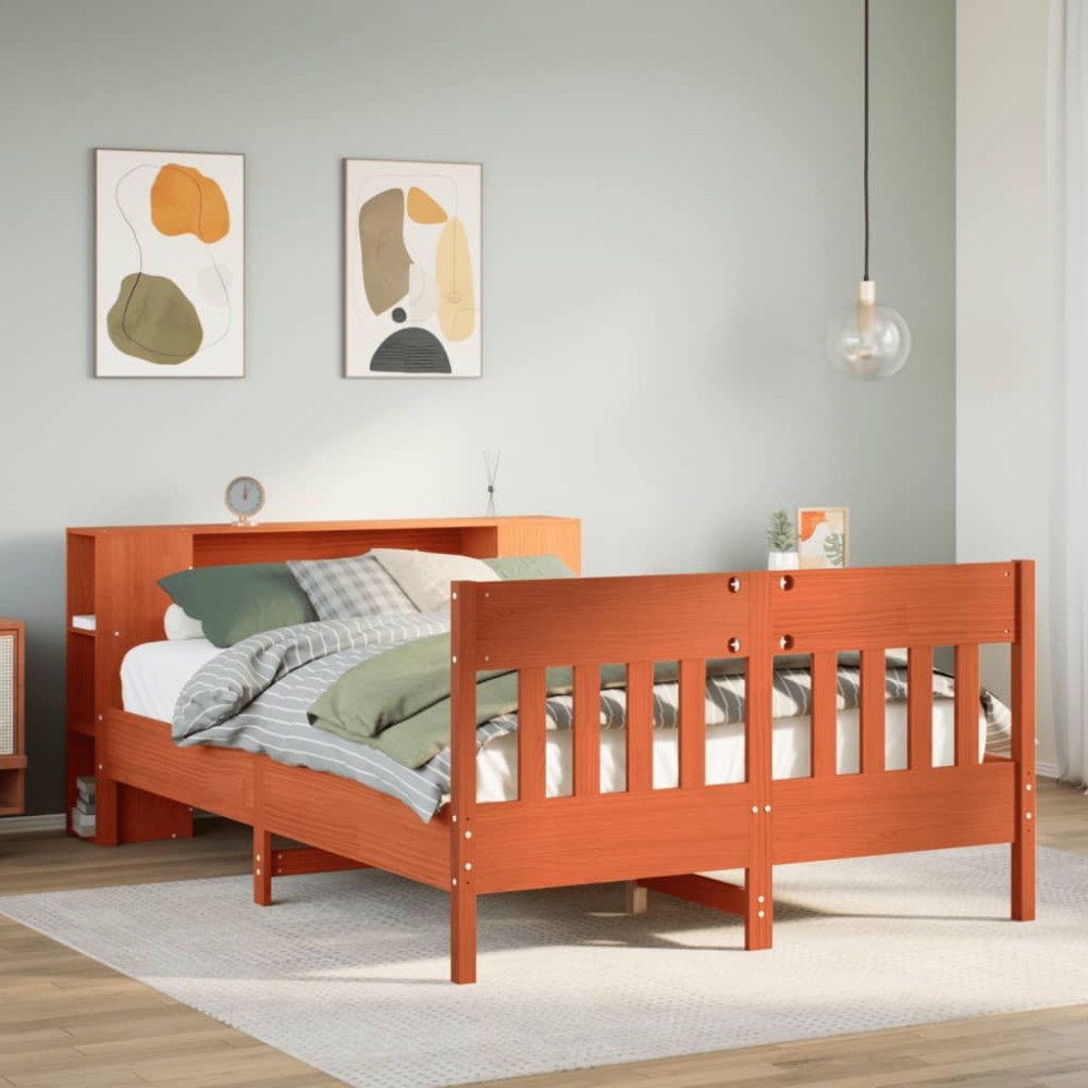 vidaXL Säng med bokhylla utan madrass vaxbrun 150x200cm massiv furu
