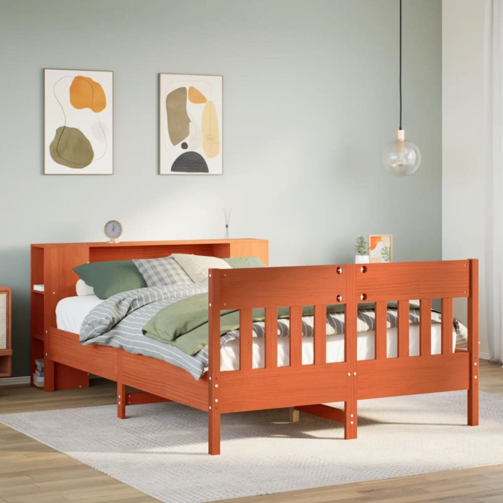 vidaXL Säng med bokhylla utan madrass vaxbrun 140x190cm massiv furu