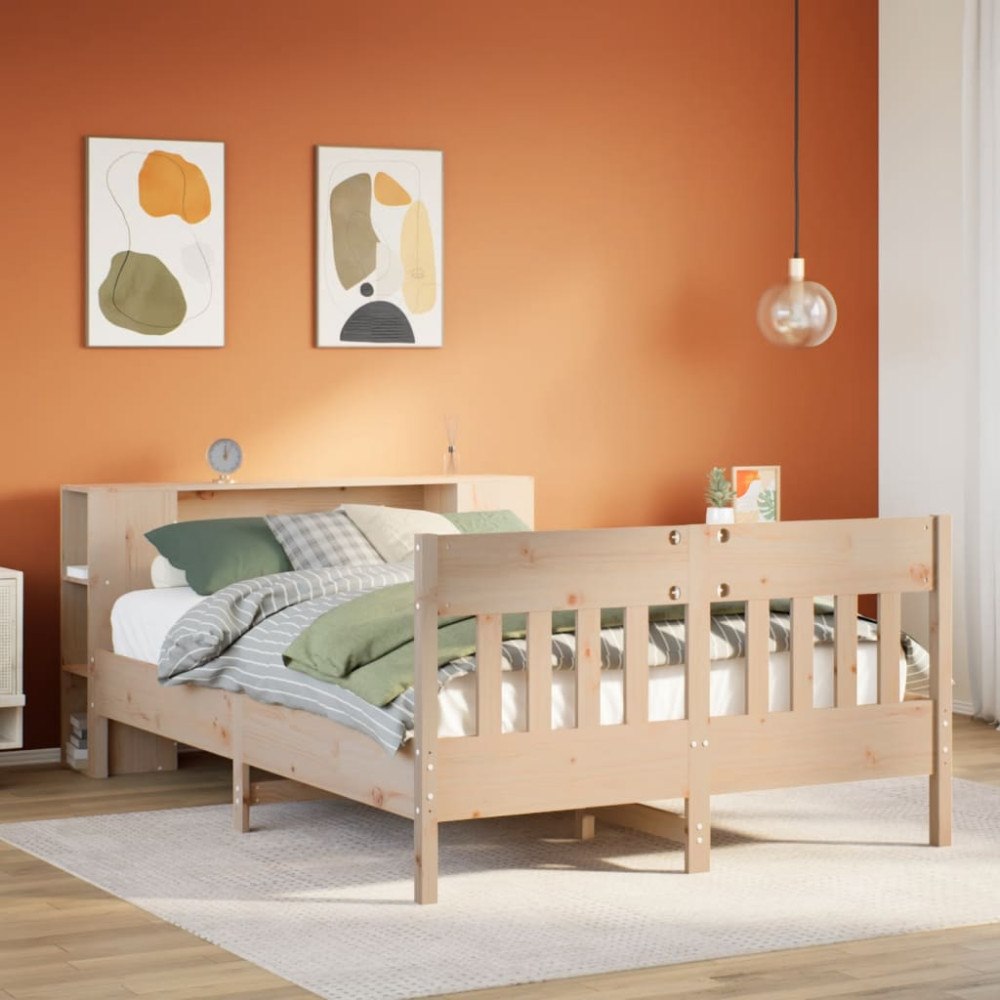 vidaXL Säng med bokhylla utan madrass 135x190cm massiv furu