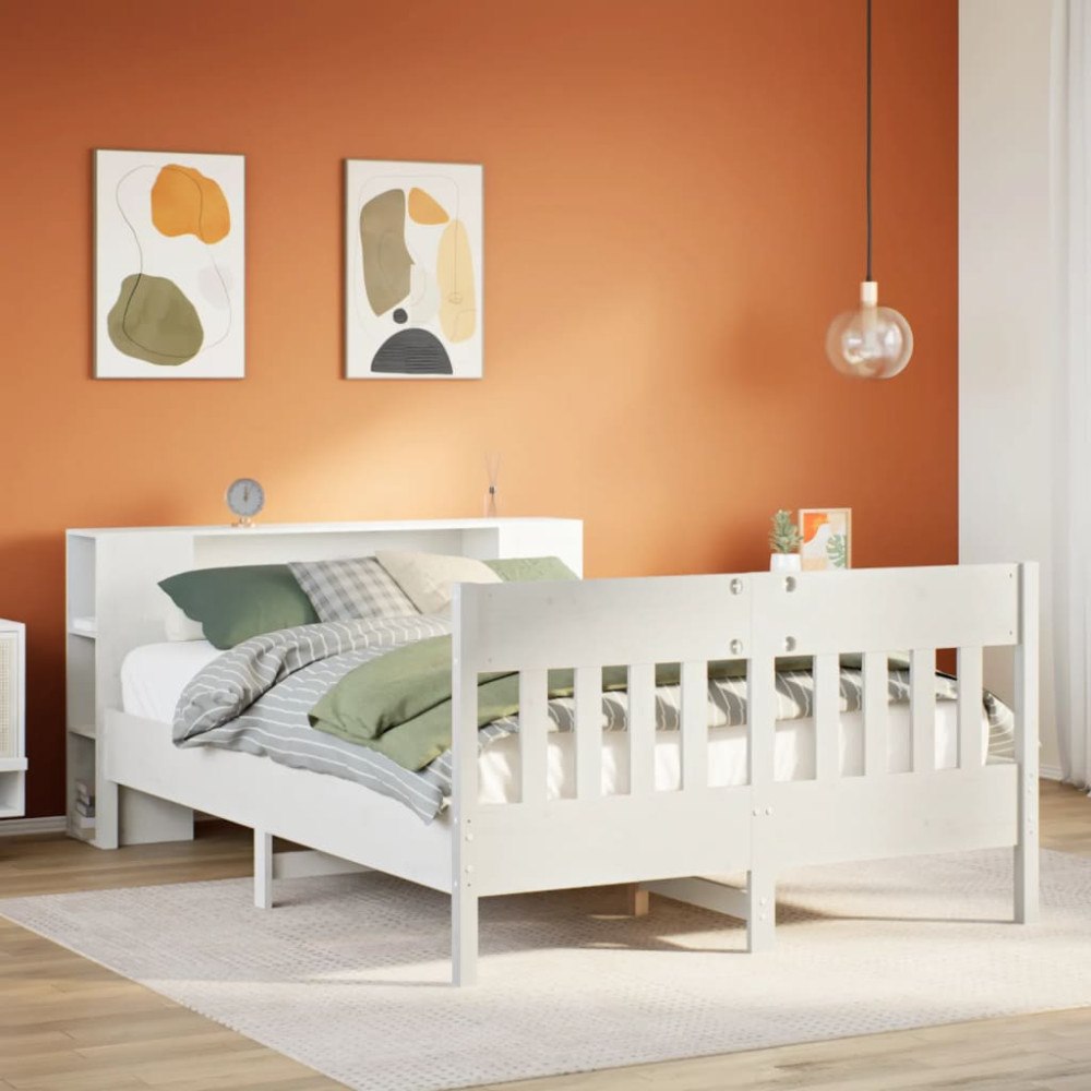 vidaXL Säng med bokhylla utan madrass vit 135x190cm massiv furu