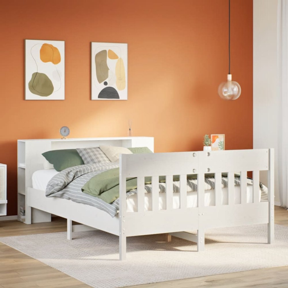 vidaXL Säng med bokhylla utan madrass vit 120x190 cm massiv furu
