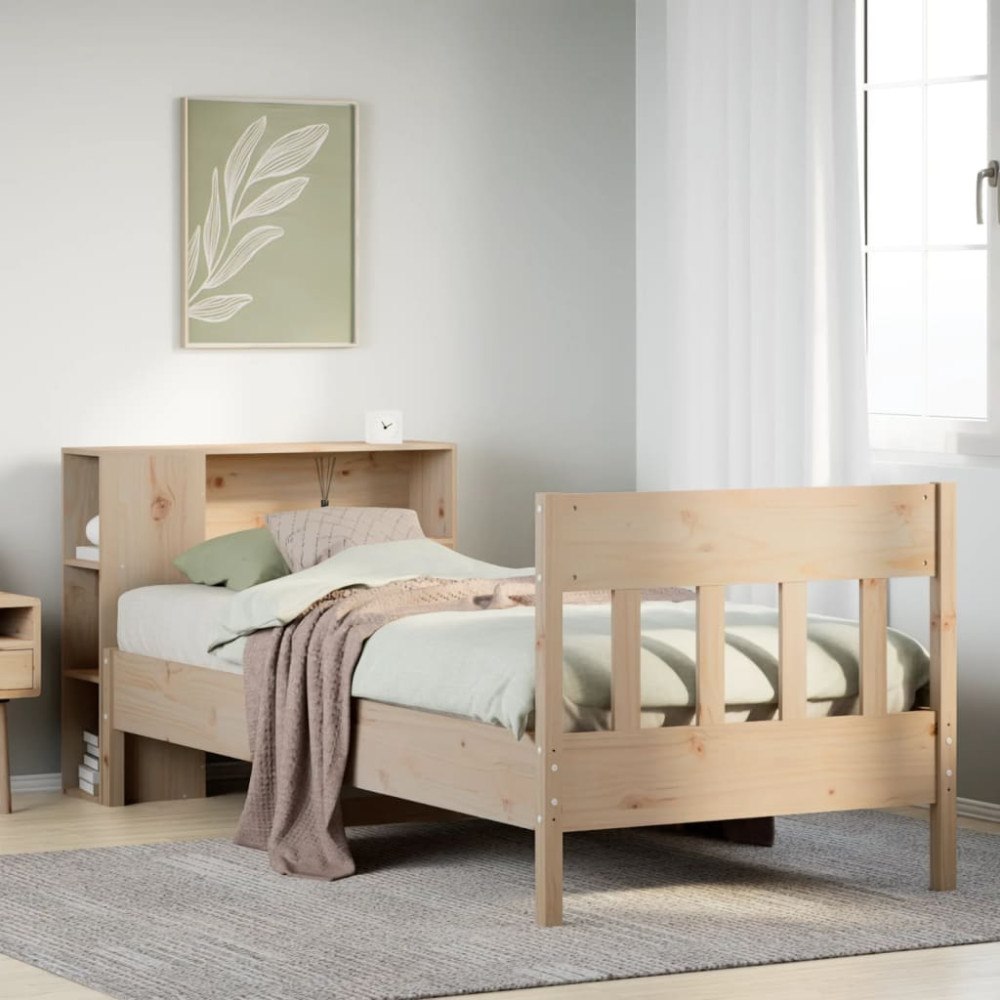 vidaXL Säng med bokhylla utan madrass 75x190cm massiv furu