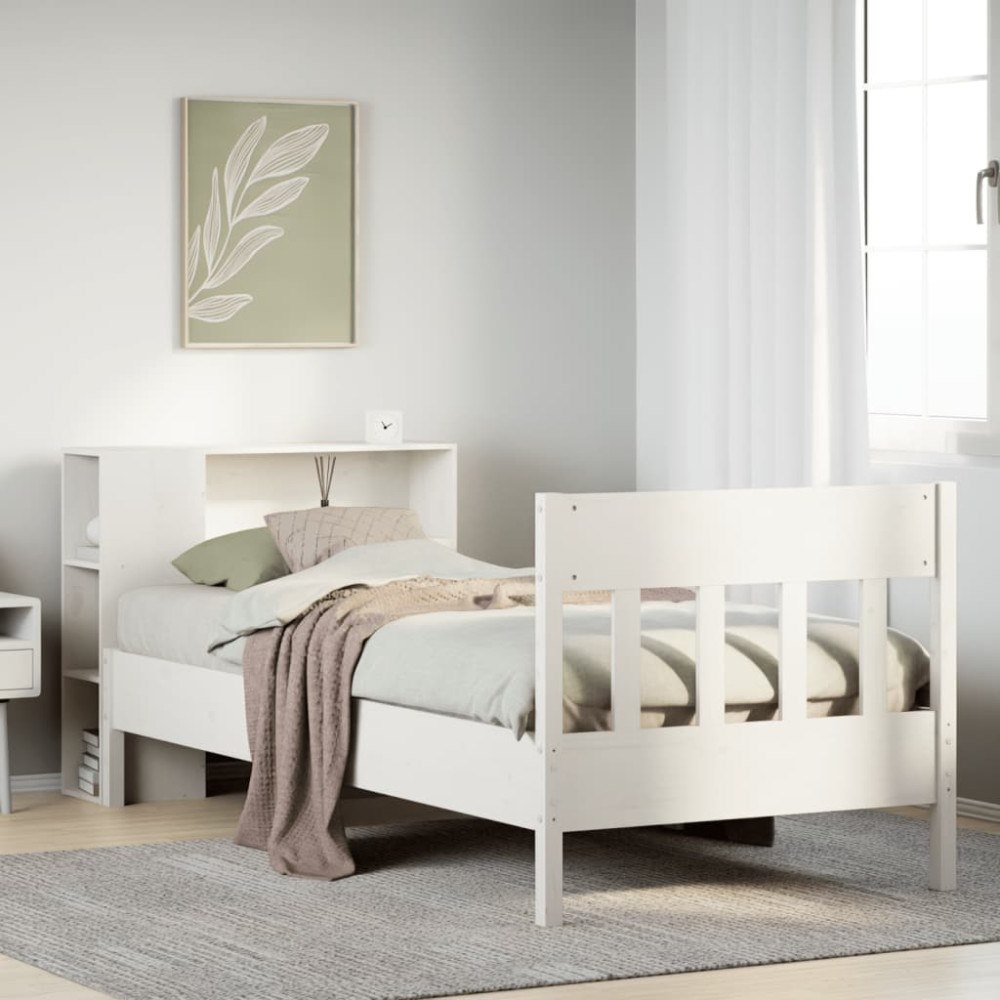 vidaXL Säng med bokhylla utan madrass vit 75x190cm massiv furu
