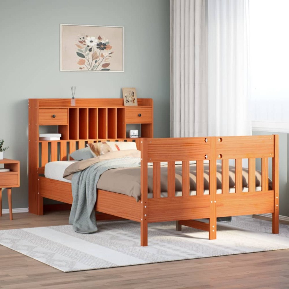 vidaXL Sängram utan madrass vaxbrun 135x190 cm massiv furu