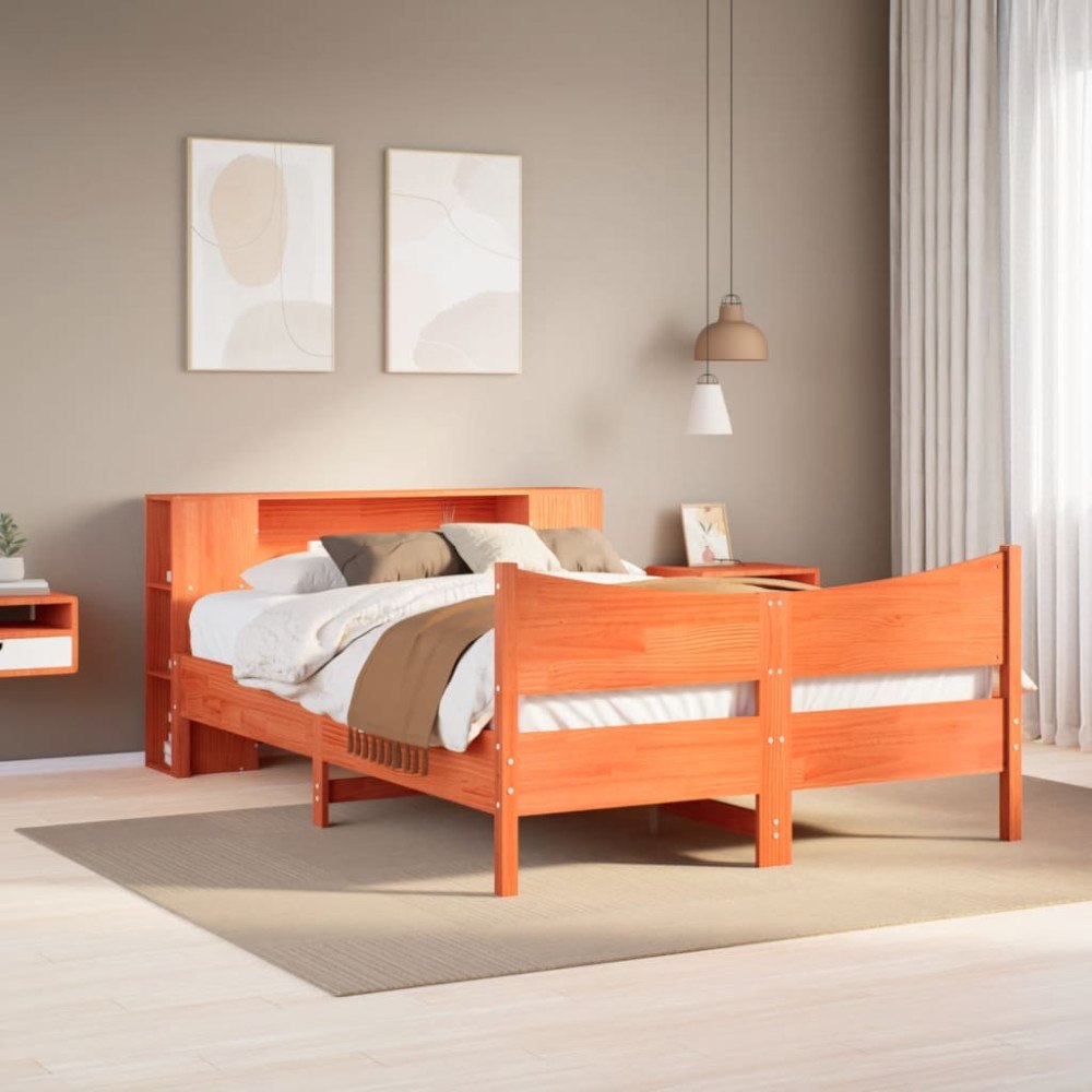 vidaXL Sängram utan madrass vaxbrun 140x190 cm massiv furu