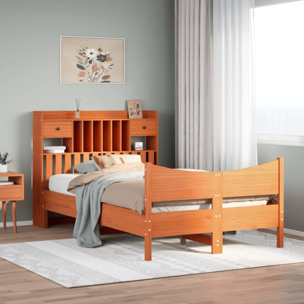vidaXL Sängram utan madrass vaxbrun 135x190 cm massiv furu