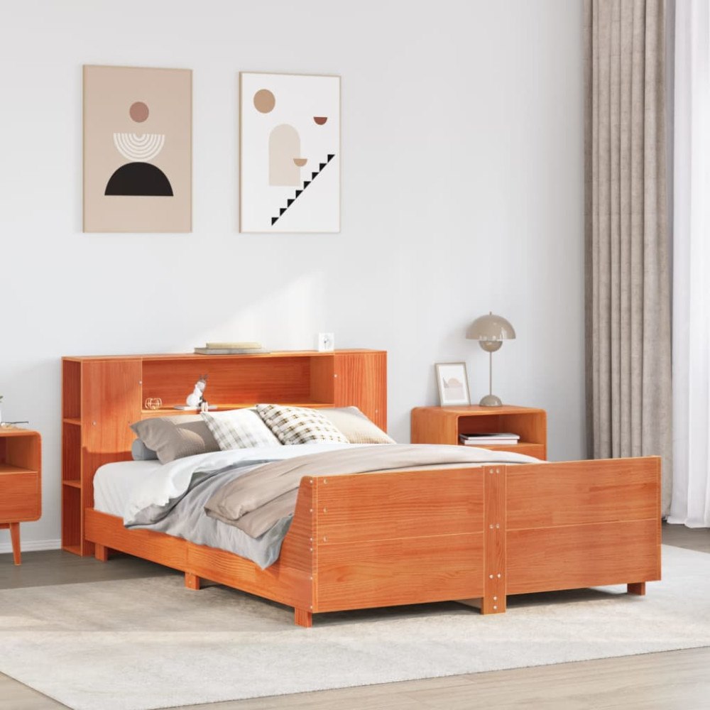 vidaXL Sängram utan madrass vaxbrun 140x190 cm massiv furu