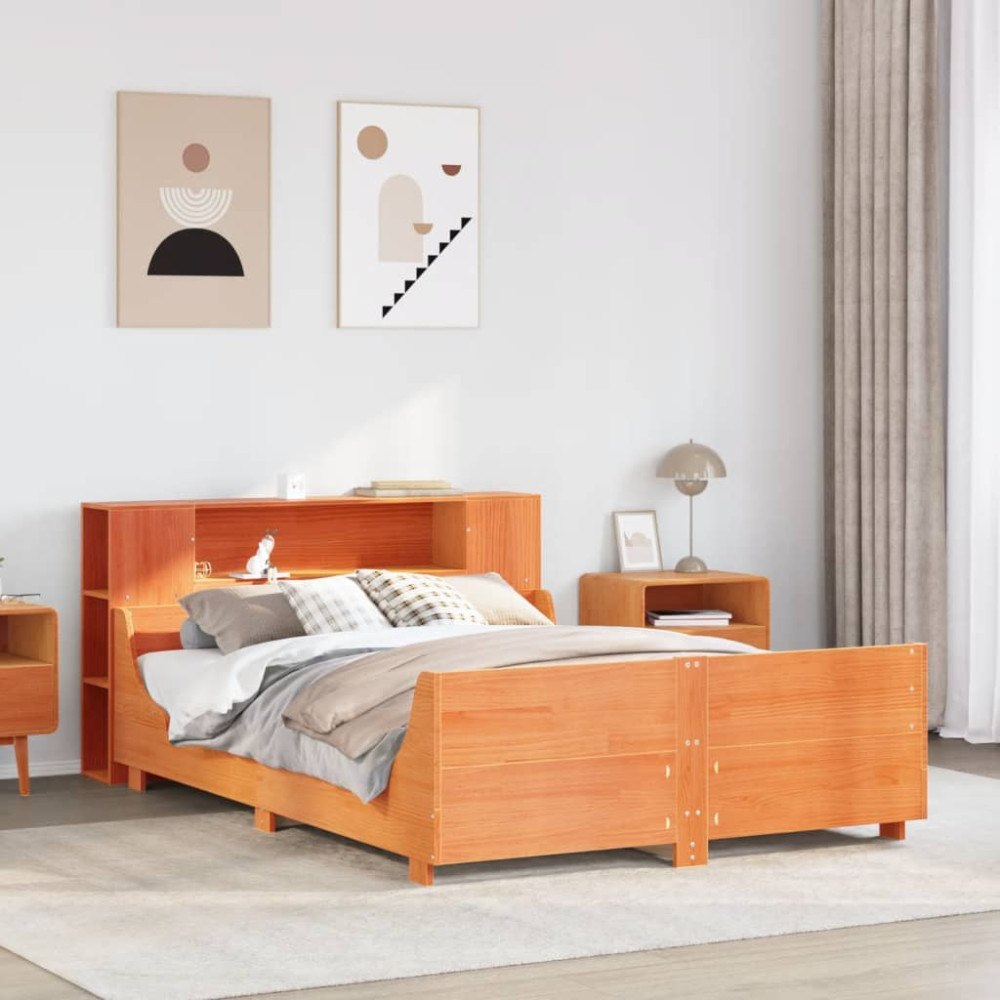 vidaXL Sängram utan madrass vaxbrun 140x190 cm massiv furu