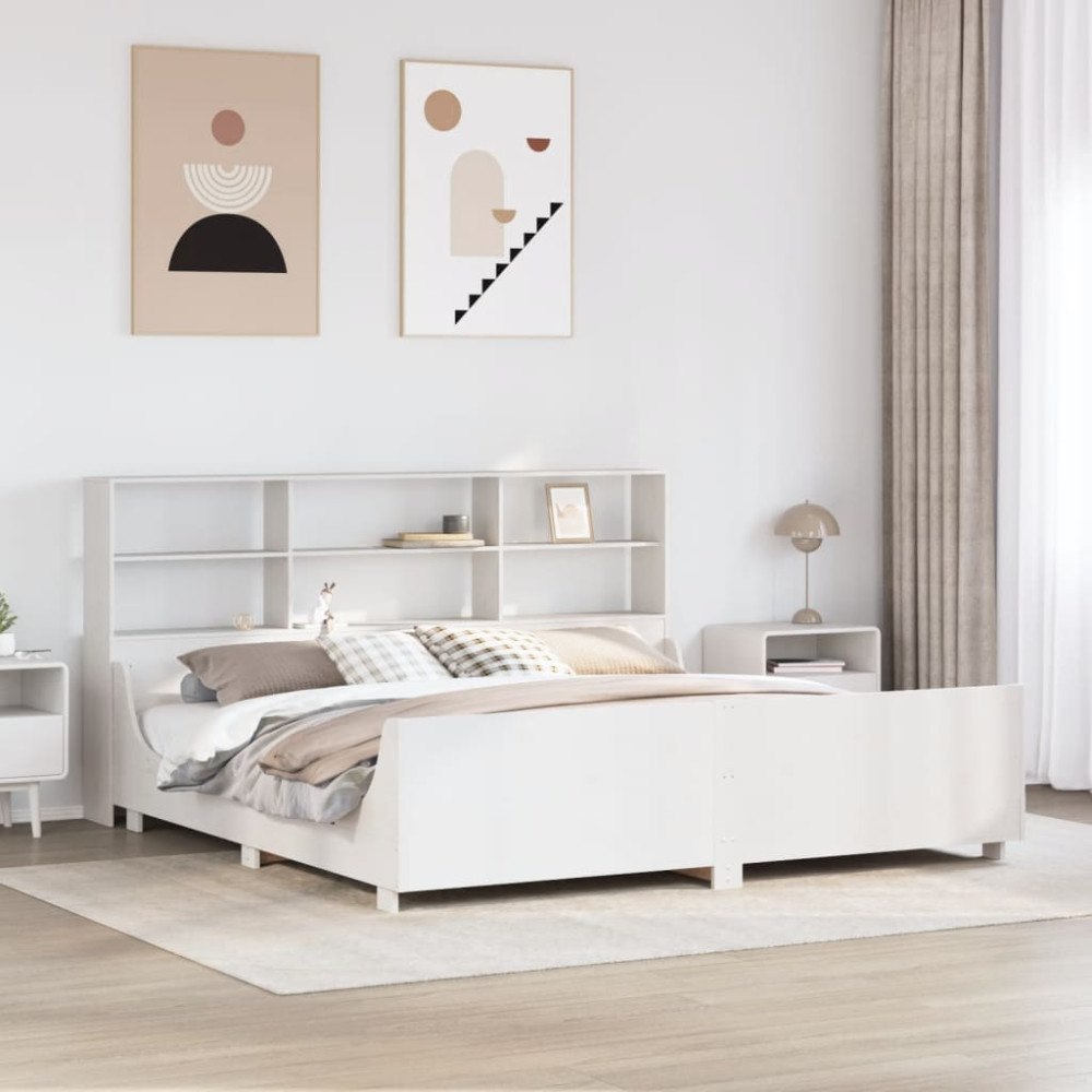 vidaXL Säng med bokhylla utan madrass vit 180x200 cm massiv trä