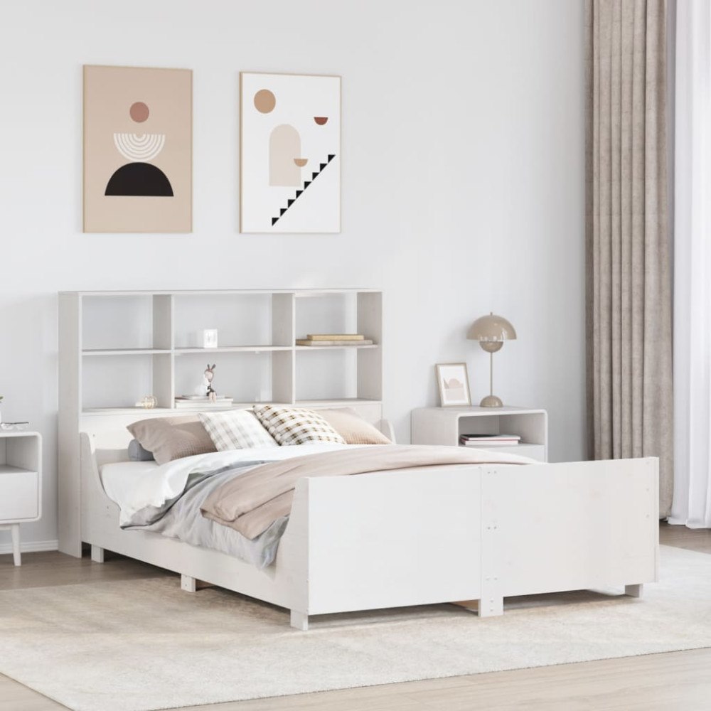 vidaXL Säng med bokhylla utan madrass vit 160x200 cm massiv trä