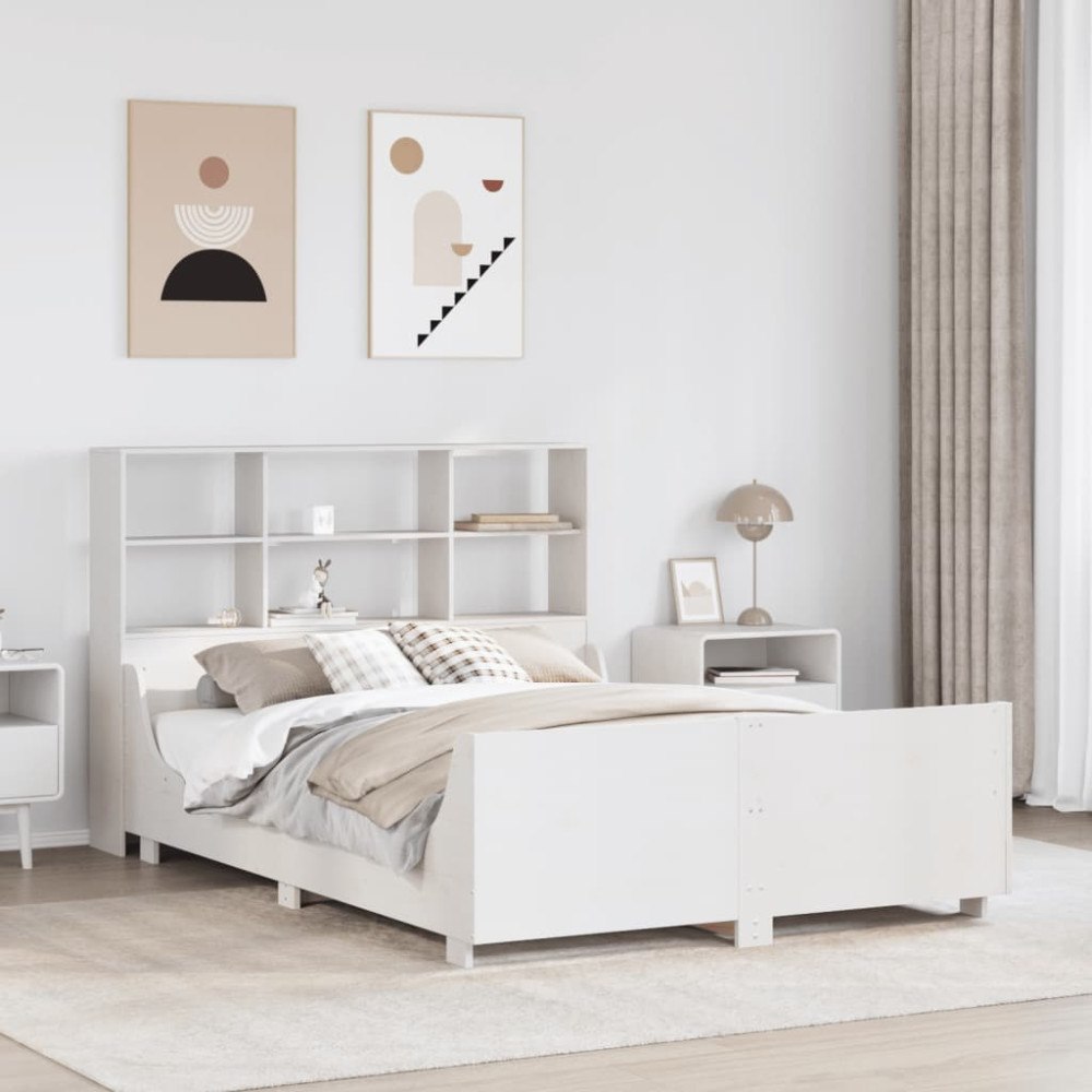 vidaXL Säng med bokhylla utan madrass vit 140x200 cm massiv trä