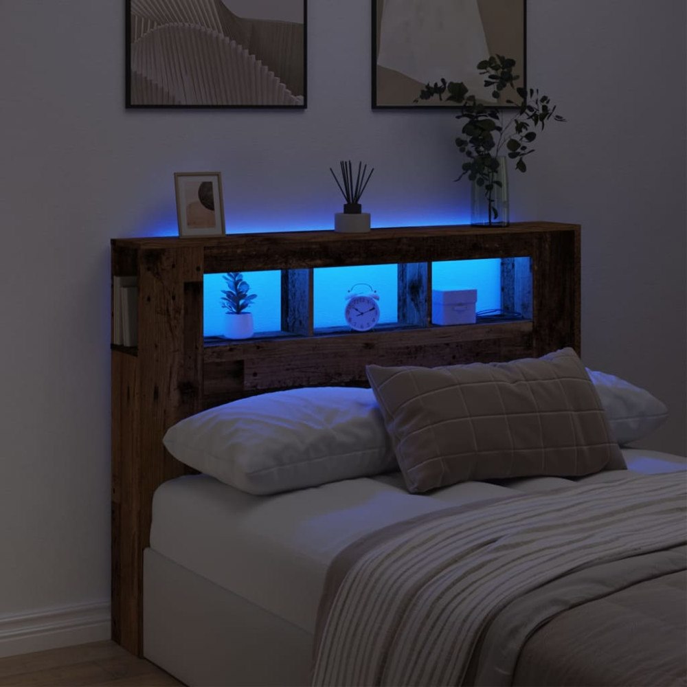 vidaXL Sänggavel LED åldrat trä 140x18,5x103,5 cm konstruerat trä
