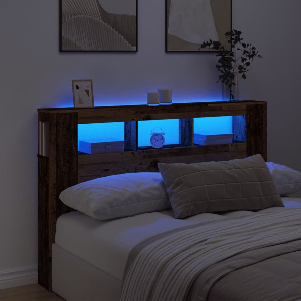 vidaXL Sänggavel LED åldrat trä 160x18,5x103,5 cm konstruerat trä