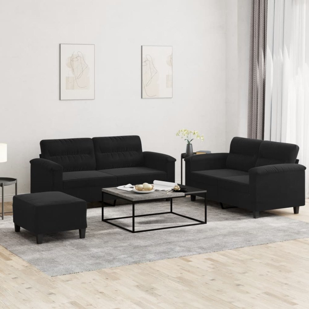 vidaXL Soffgrupp med kuddar 3 delar svart mikrofibertyg
