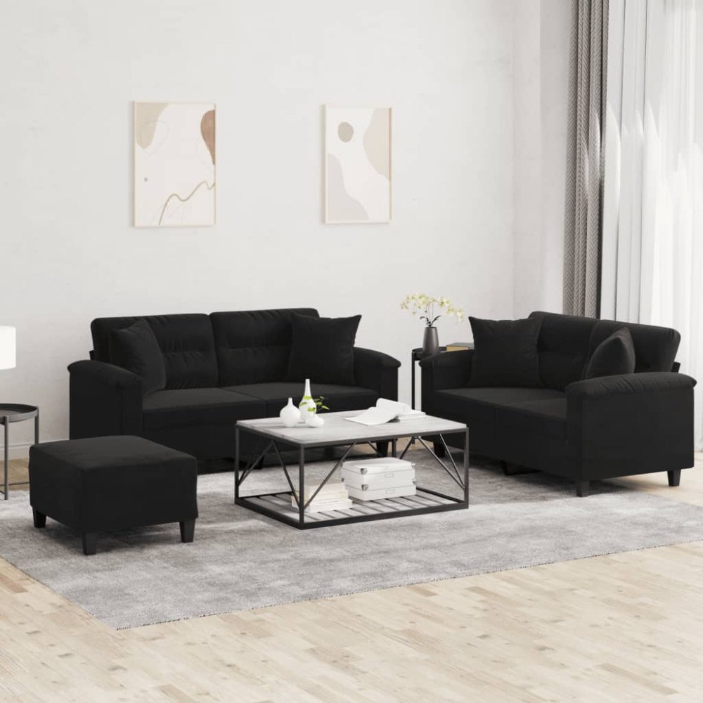 vidaXL Soffgrupp med kuddar 3 delar svart mikrofibertyg