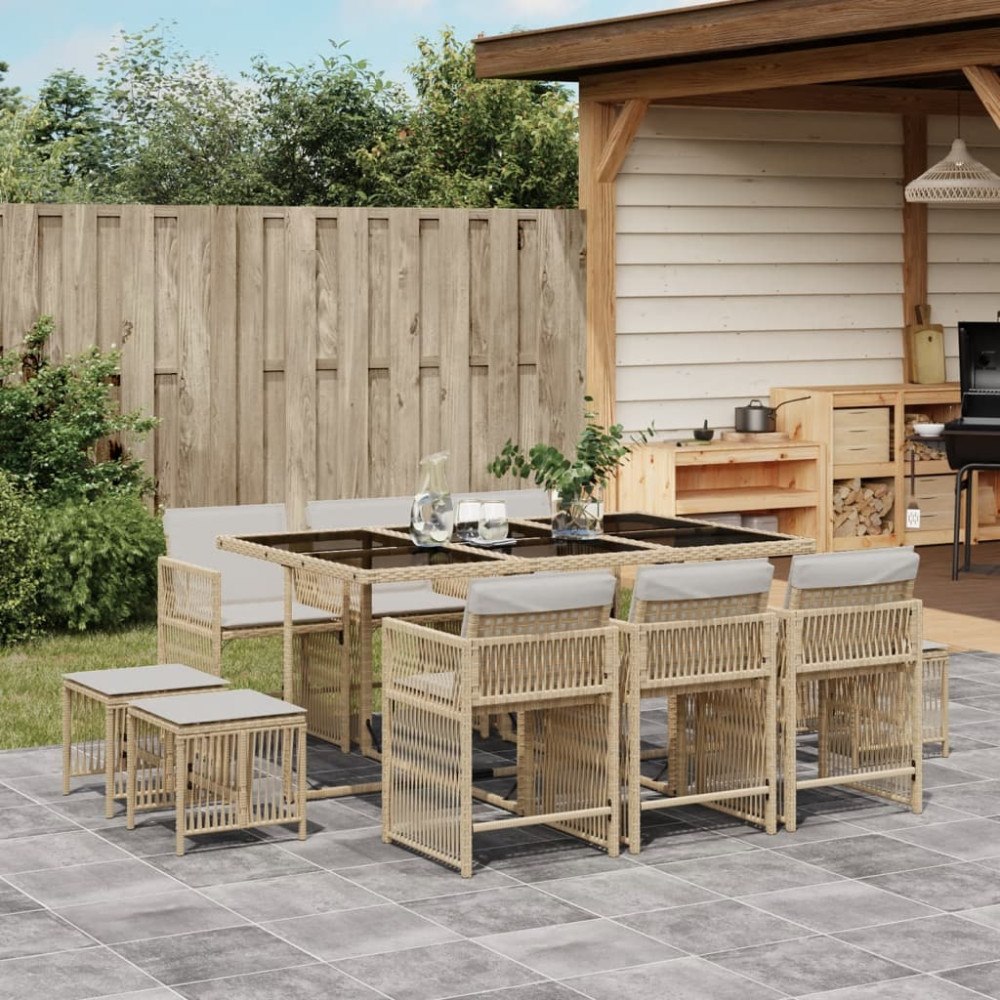 vidaXL Matgrupp för trädgården med dynor 11 delar beige konstrotting