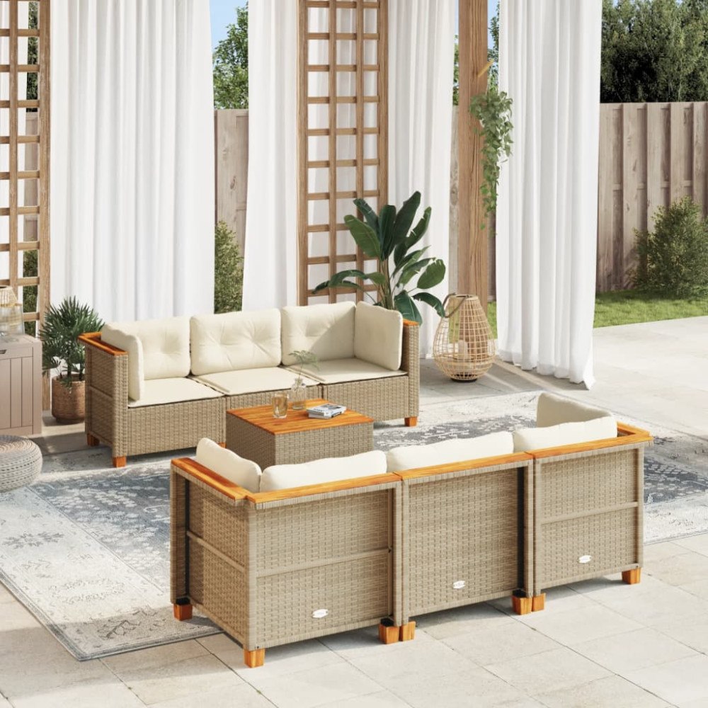 vidaXL Matgrupp för trädgården med dynor 7 delar beige konstrotting