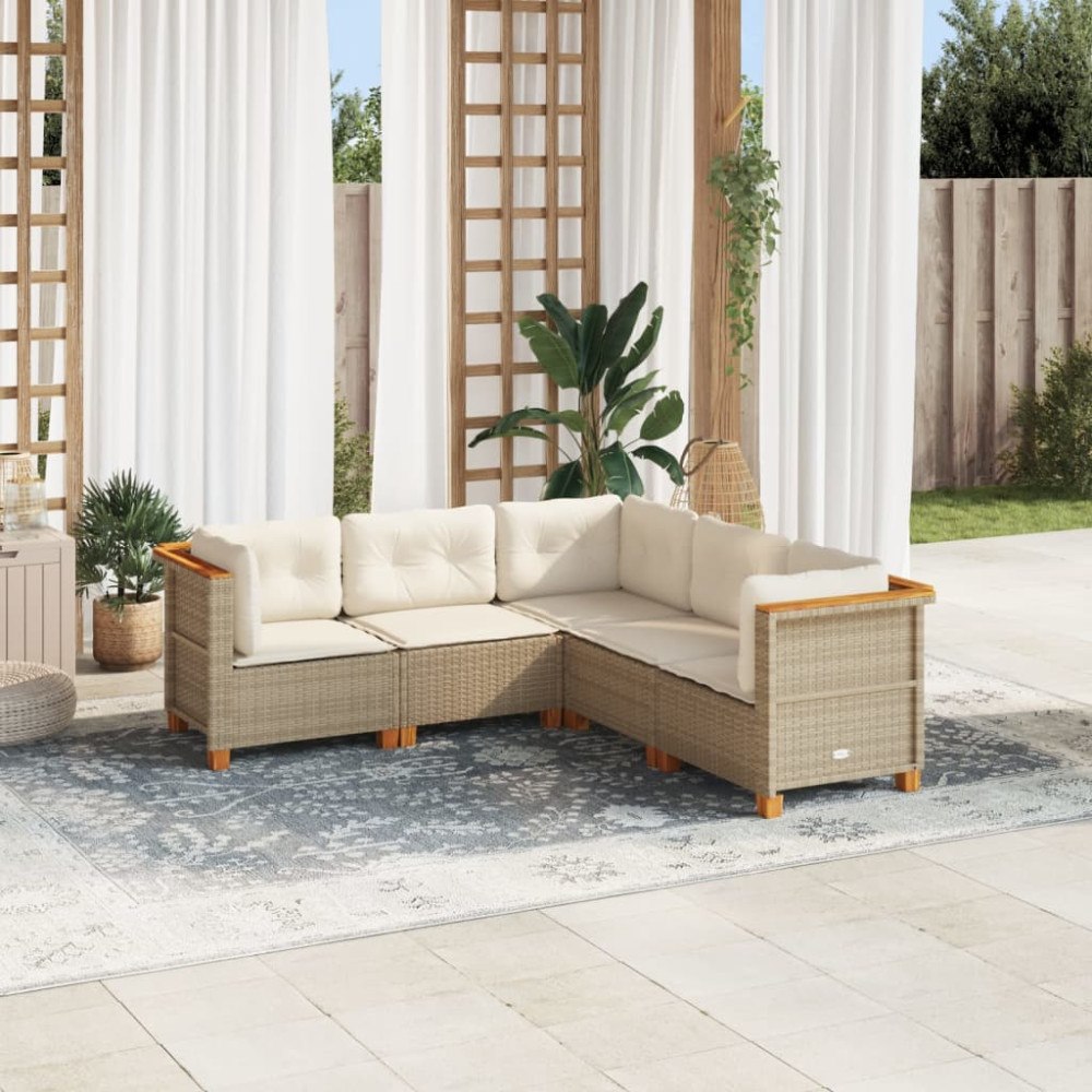 vidaXL Soffgrupp för trädgården med dynor 5 delar beige konstrotting