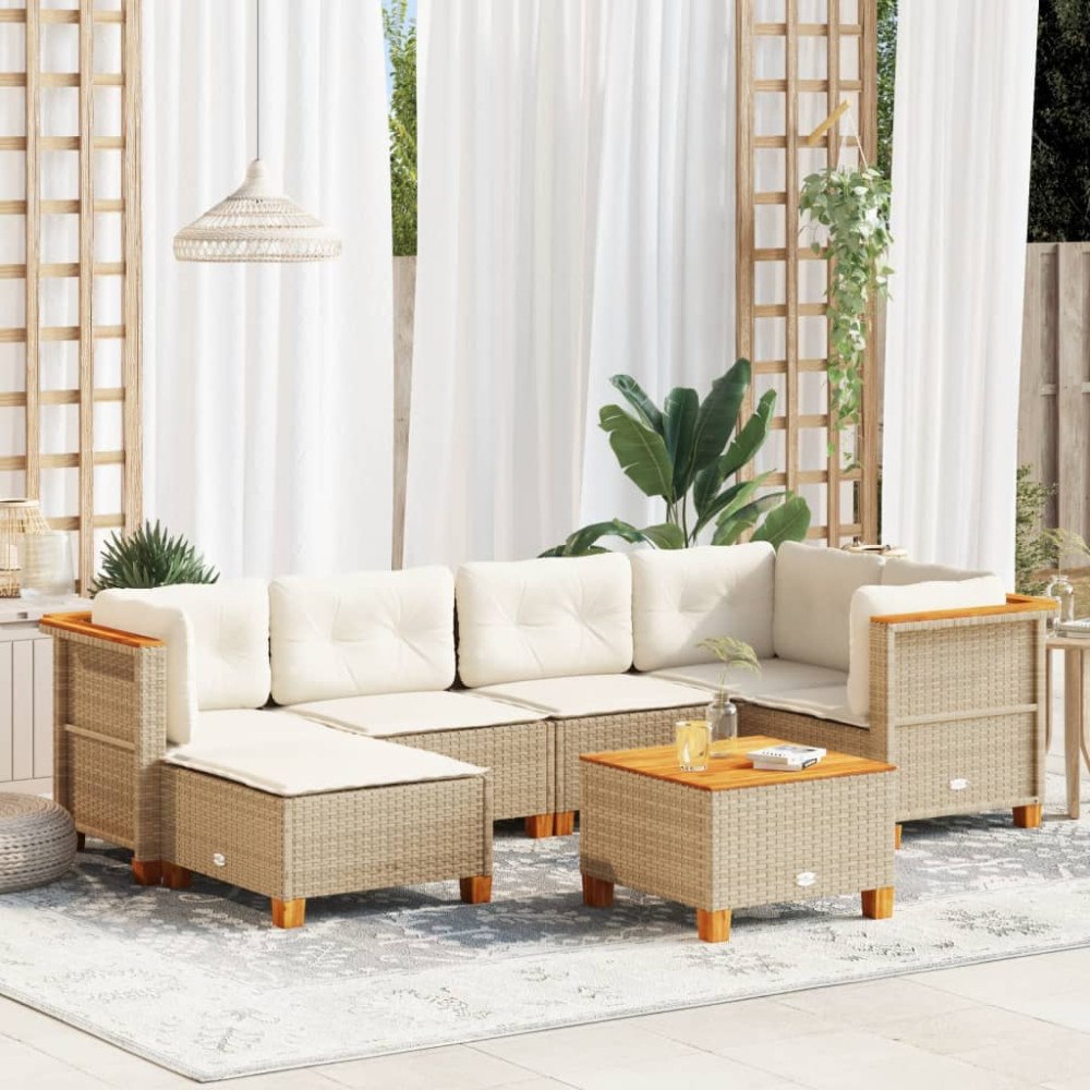 vidaXL Matgrupp för trädgården med dynor 7 delar beige konstrotting