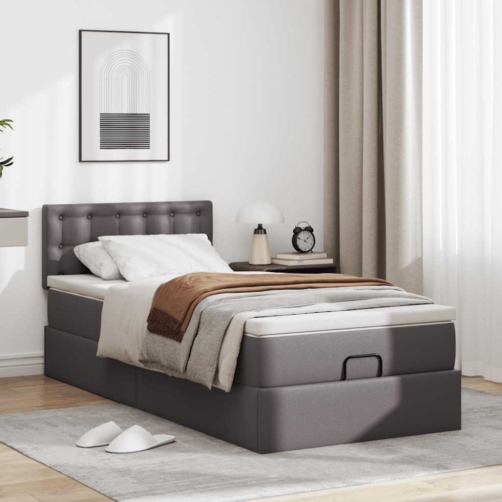 vidaXL Ottoman säng med madrass grå 100x200 cm konstläder