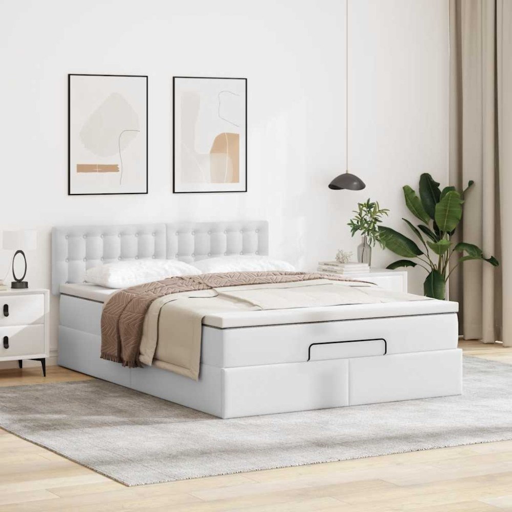 vidaXL Ottoman sängram med madrass vit 140x200 cm konstläder