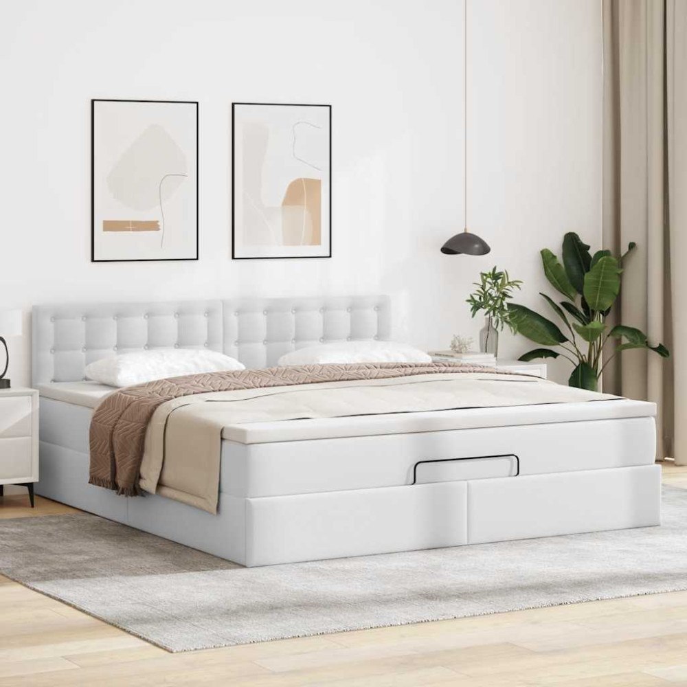 vidaXL Ottoman sängram med madrass vit 160x200 cm konstläder